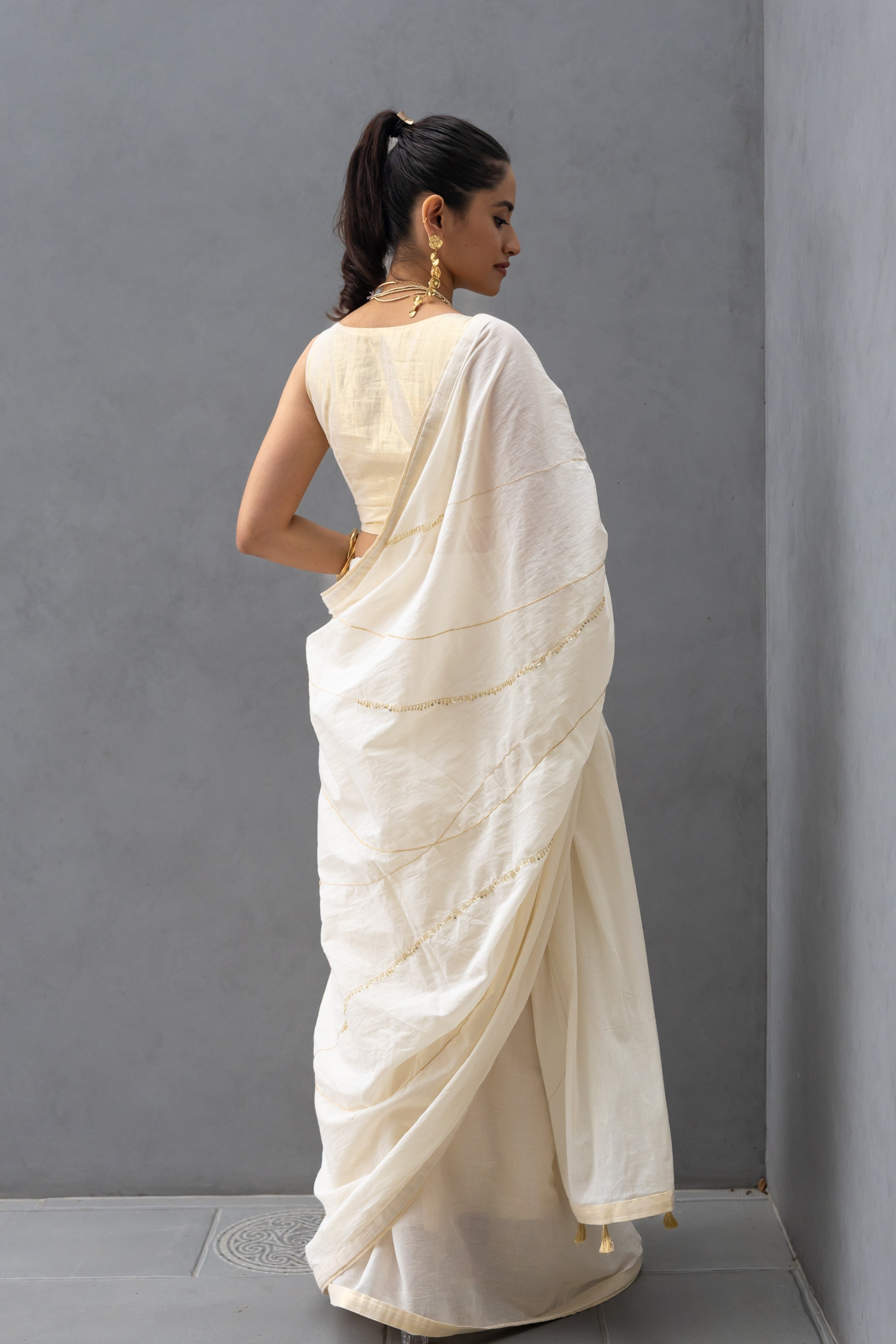 Half White Hand Embroidered Saree