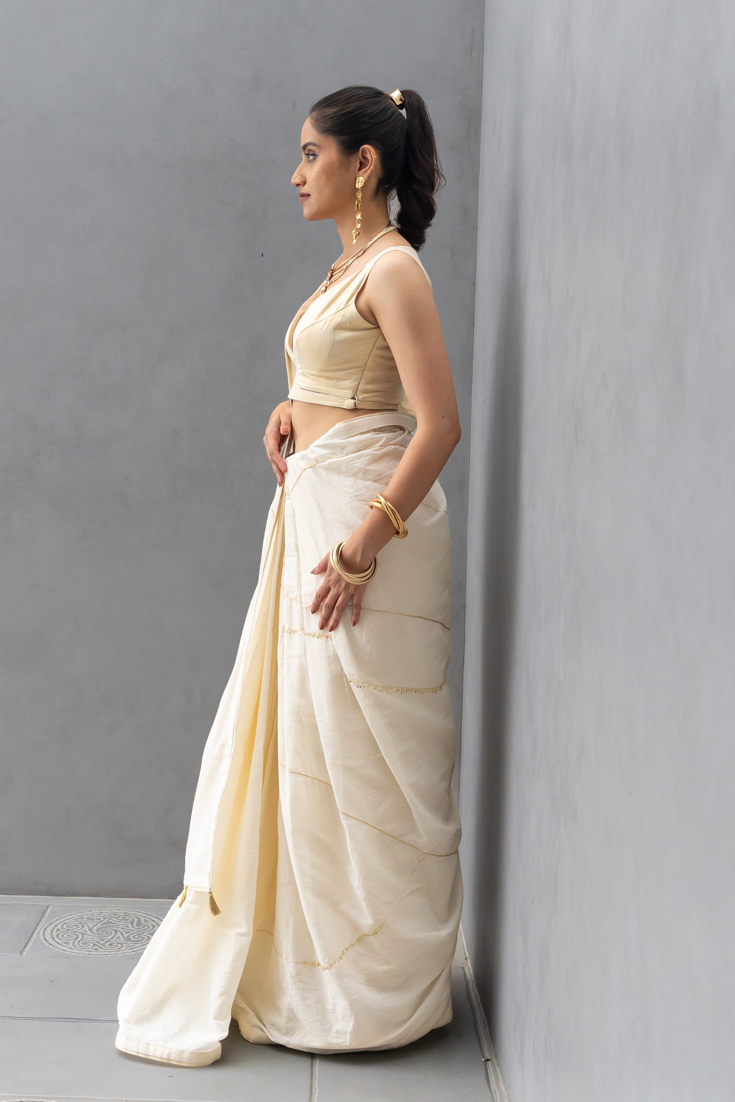 Half White Hand Embroidered Saree