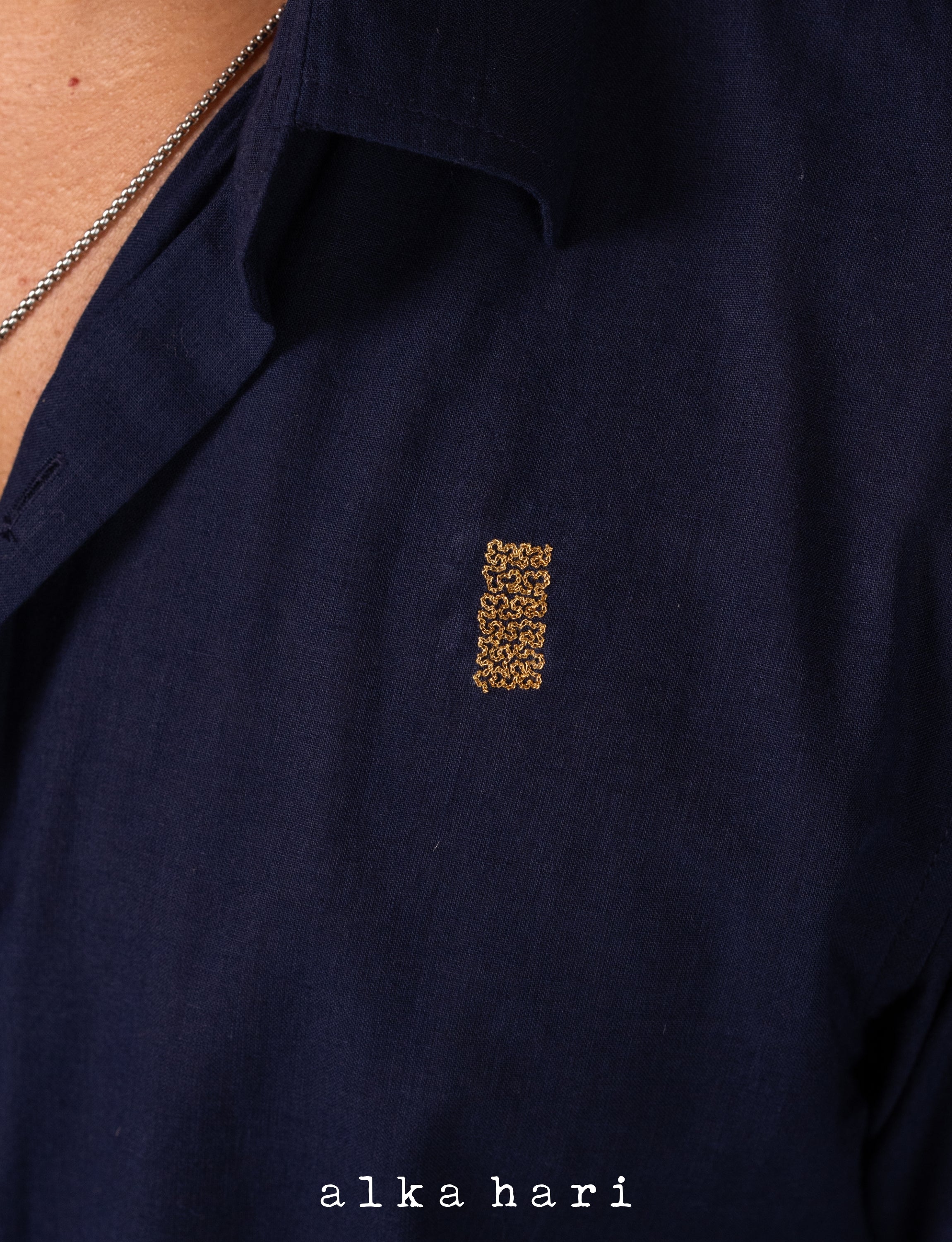 Navy Blue Embroidered Shirt with Border