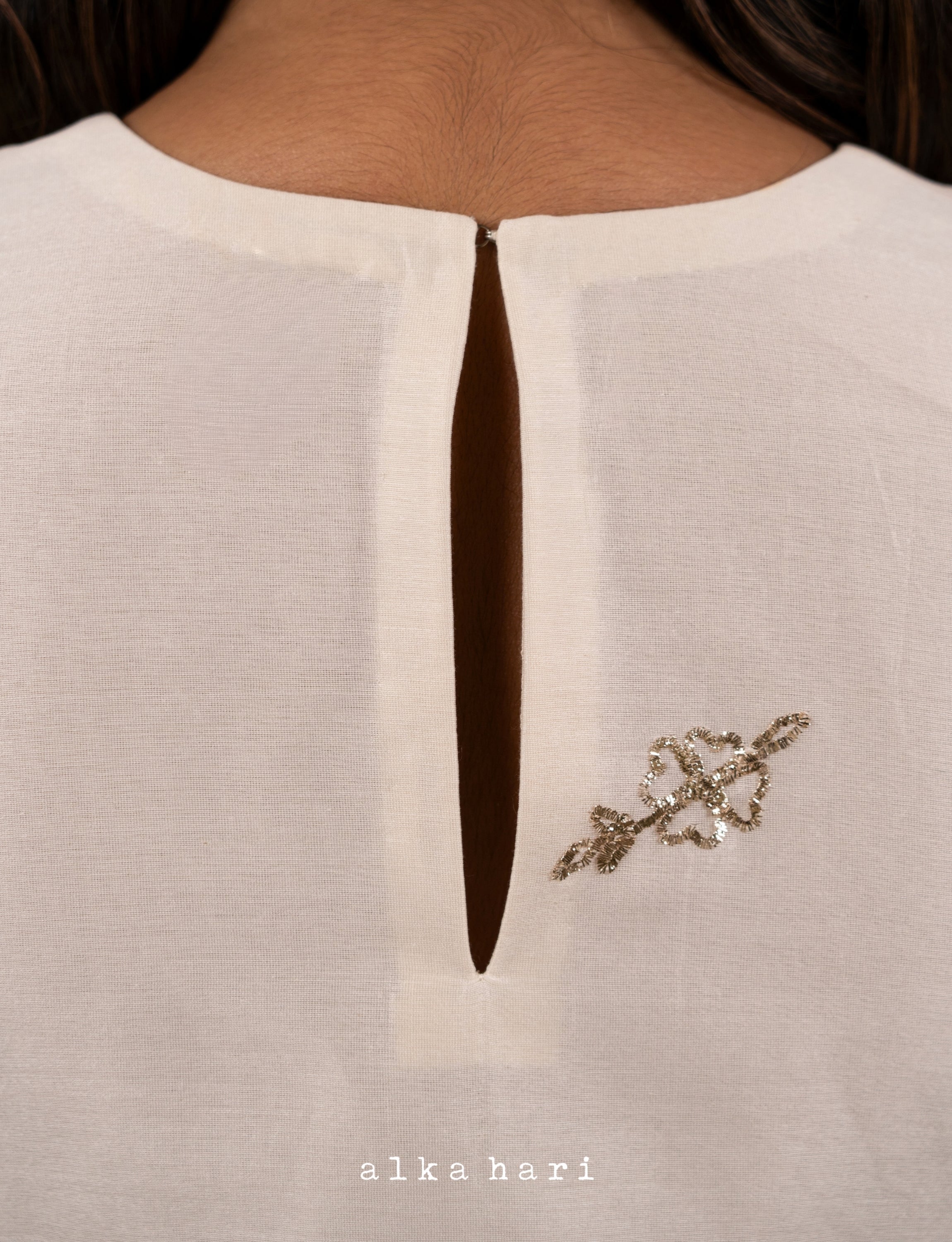 Off White Embroidered Smocked Top with Panelled Skirt