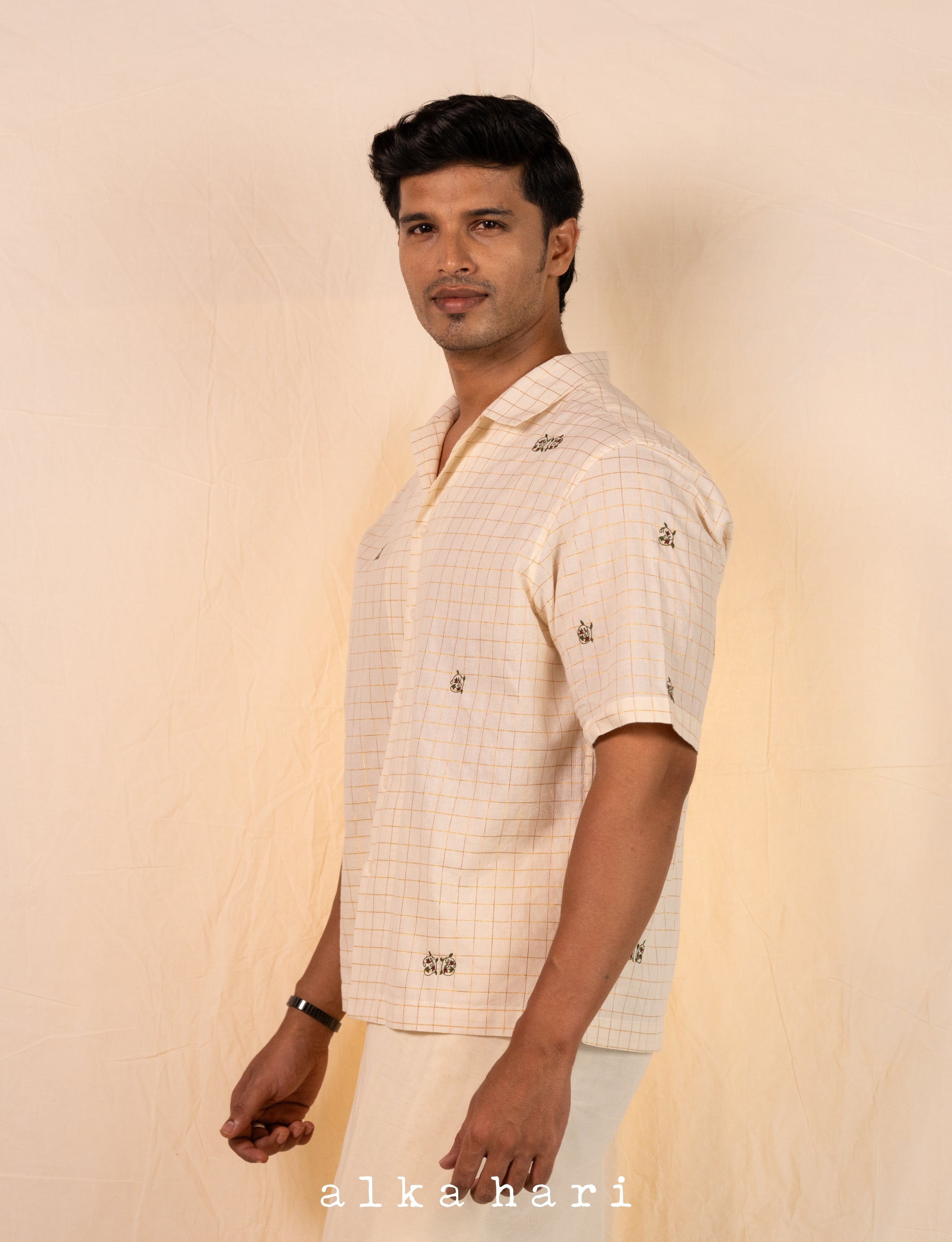 Off White Check Shirt with Floral Embroidery