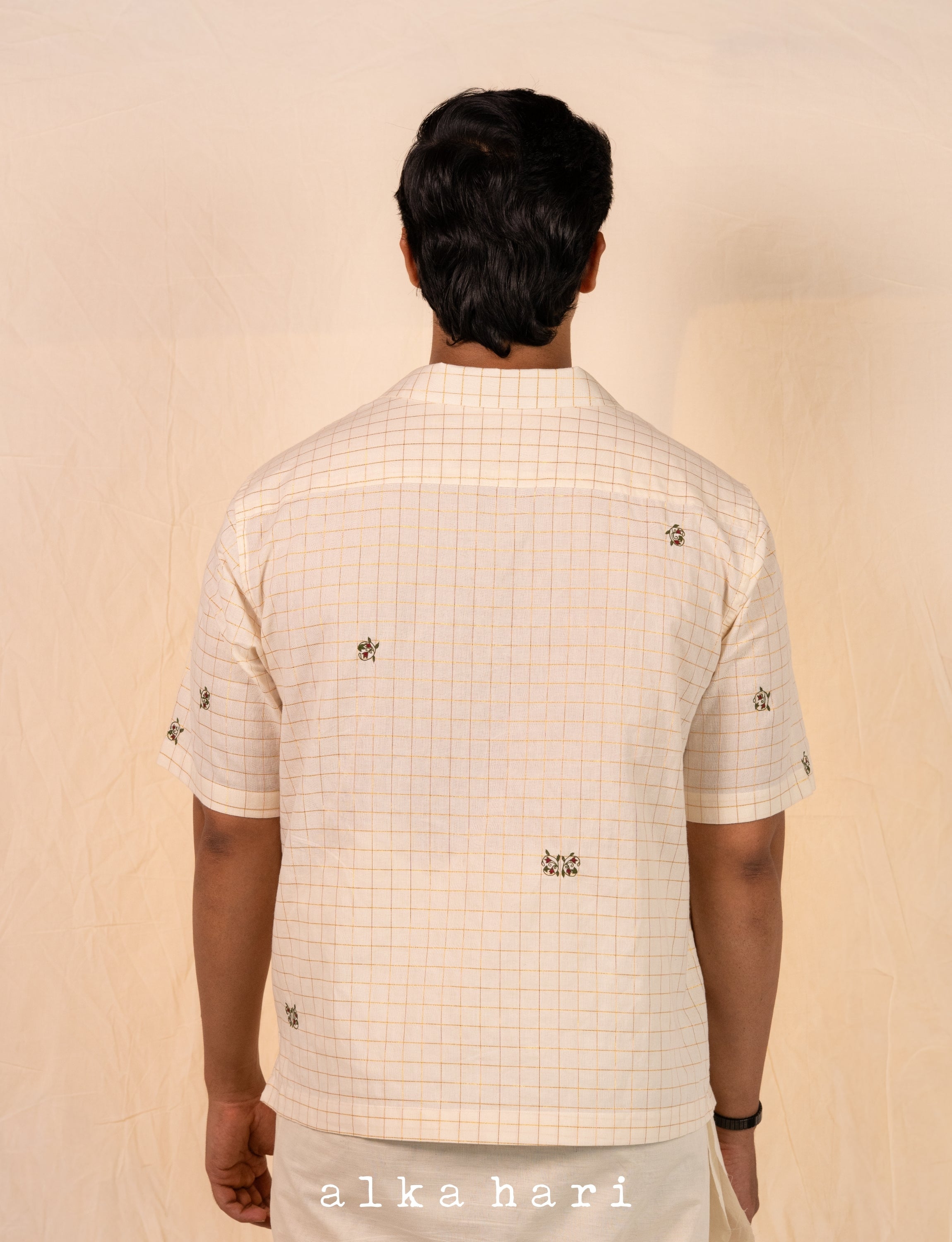 Off White Check Shirt with Floral Embroidery