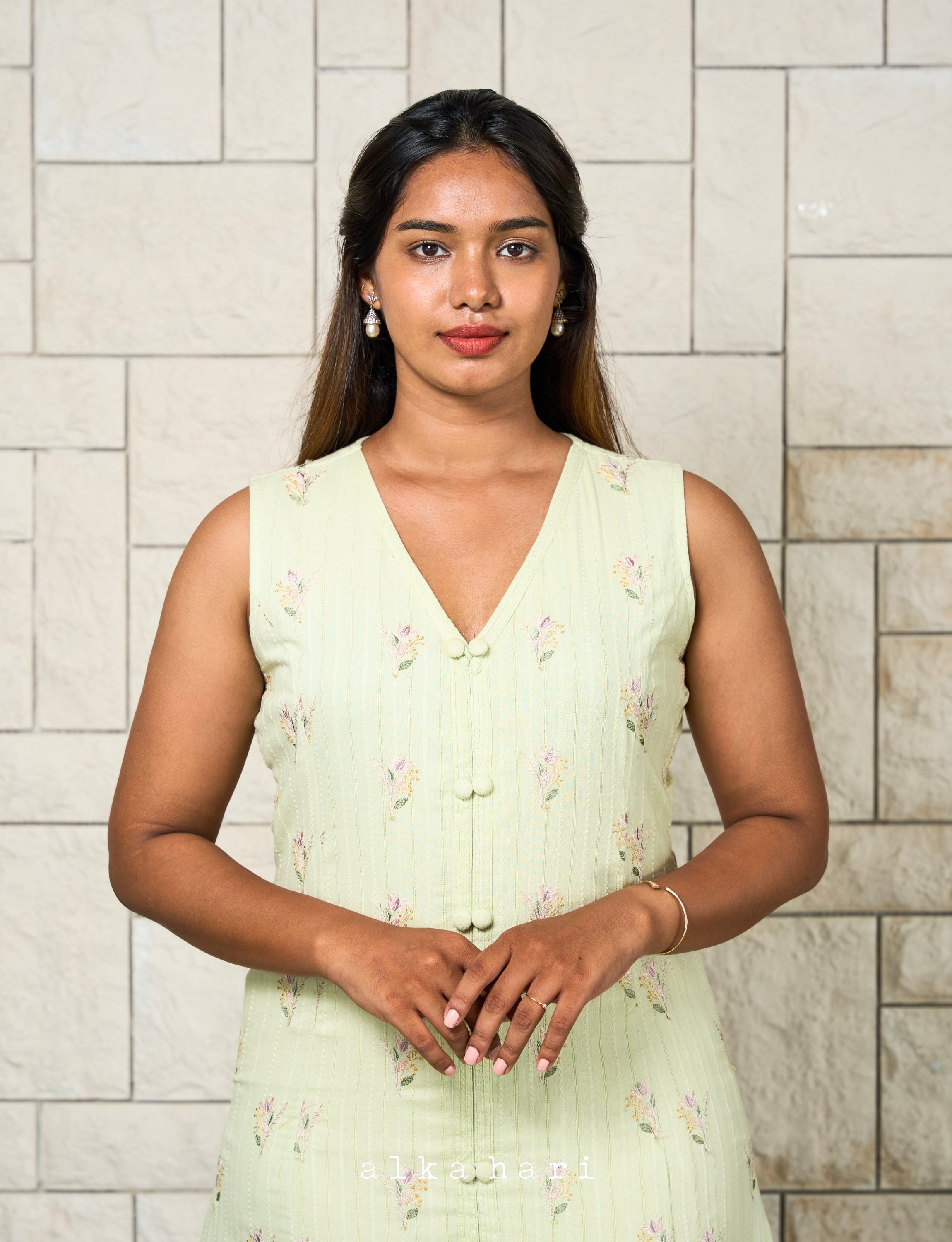 Light Green Floral Slited Anarkali