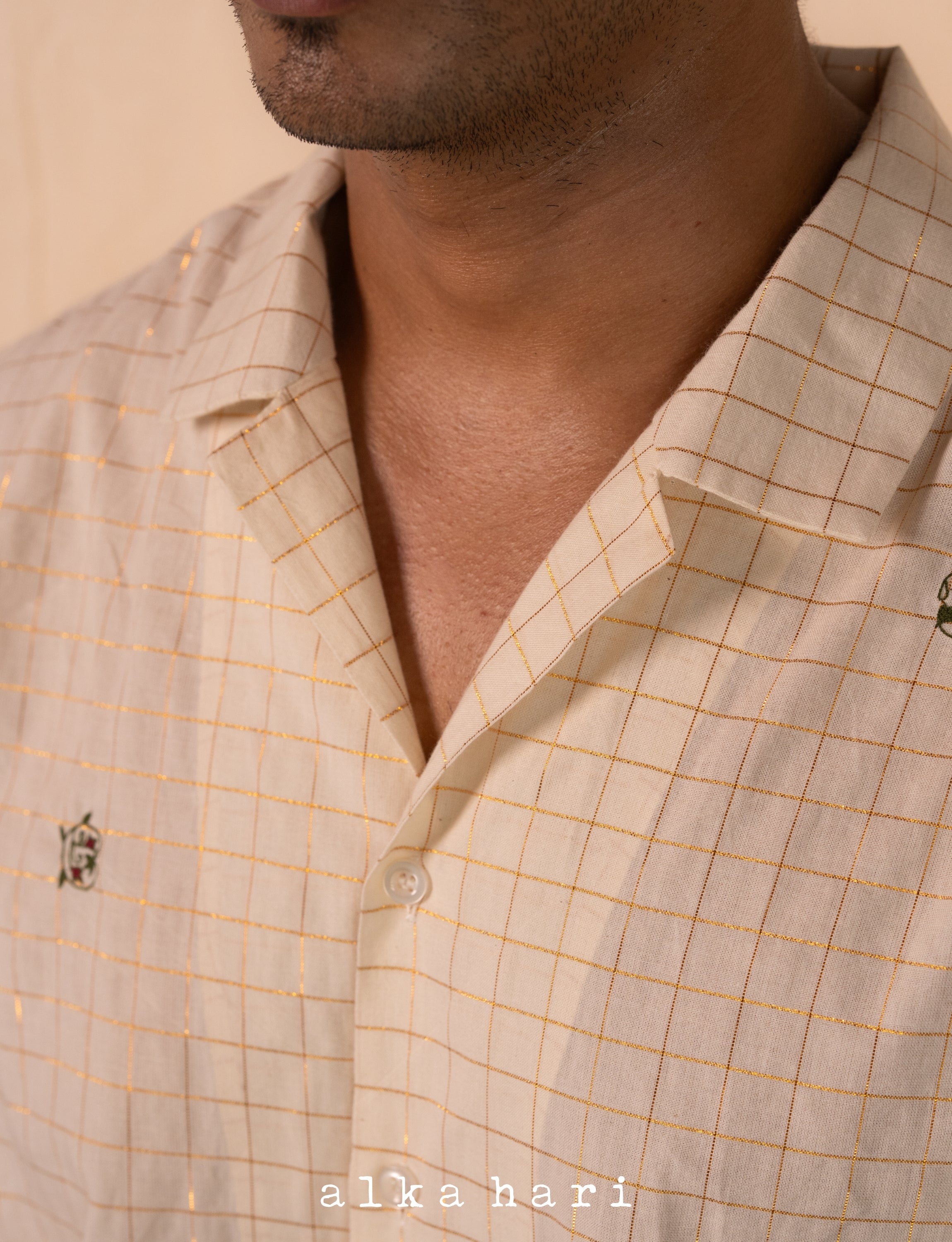 Off White Check Shirt with Floral Embroidery