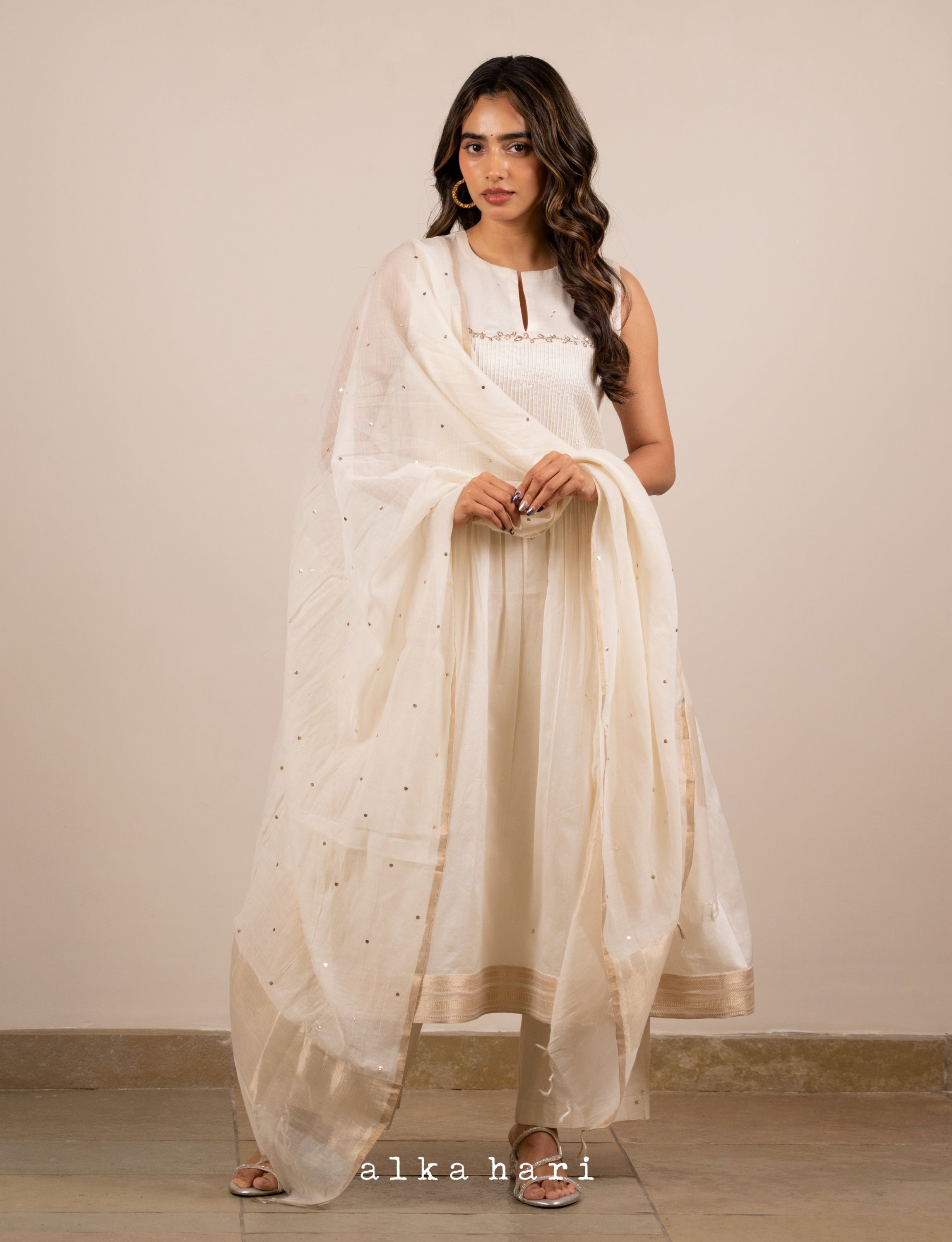 Off White Mukaish Work Anarkali with Pintucks