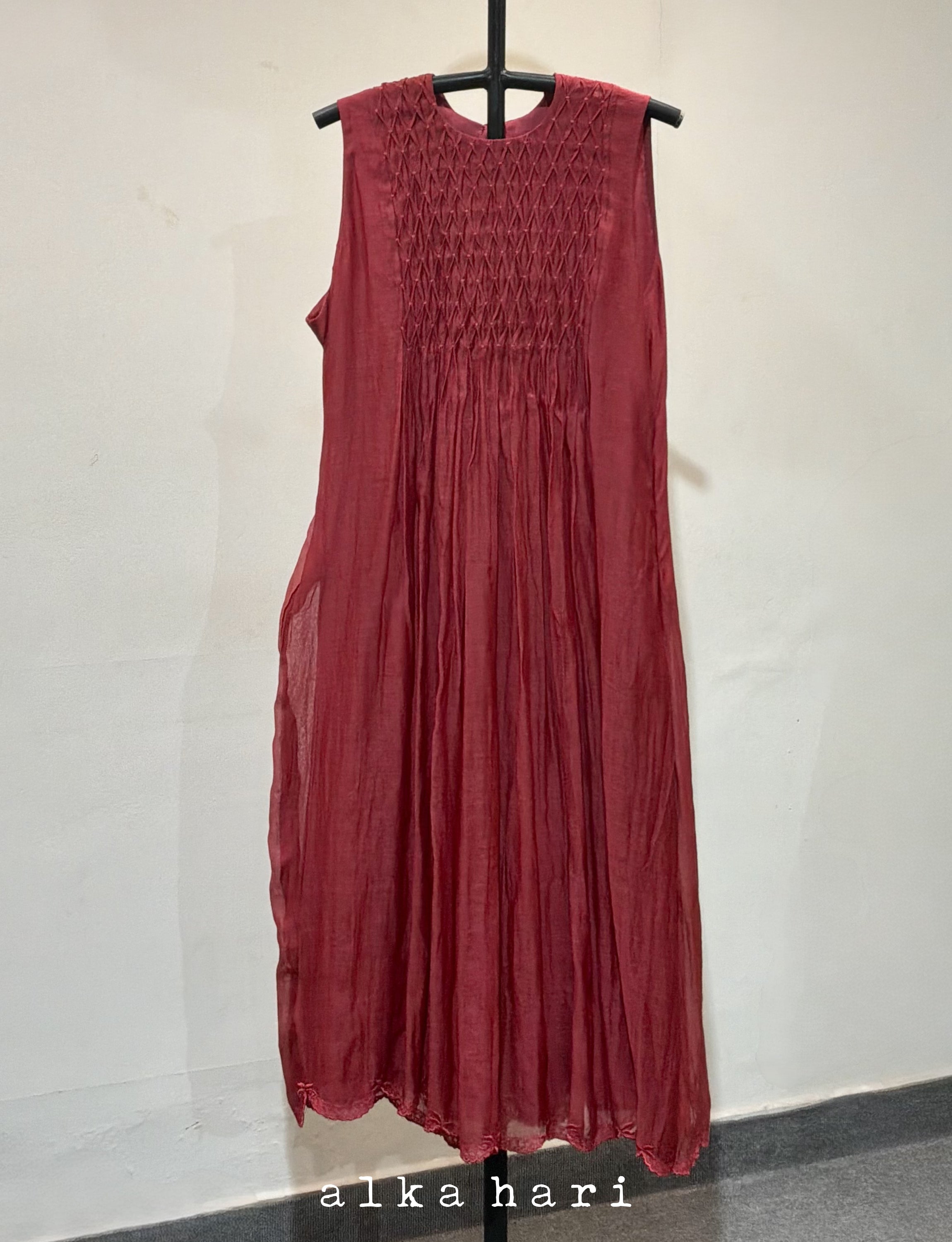 Raspberry Red Chanderi Silk Smocked Dress