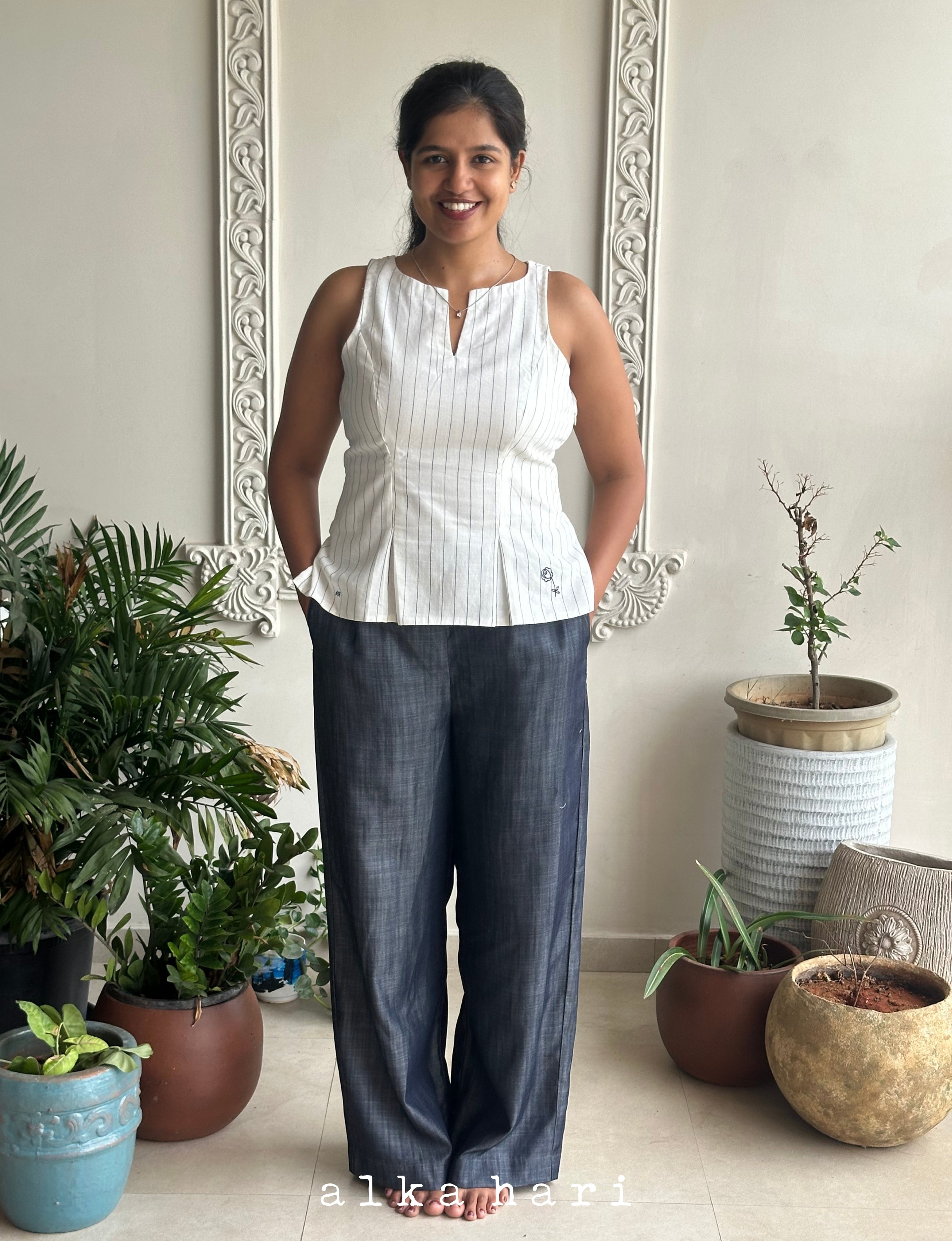 White Stripped Top with Floral Embroidery