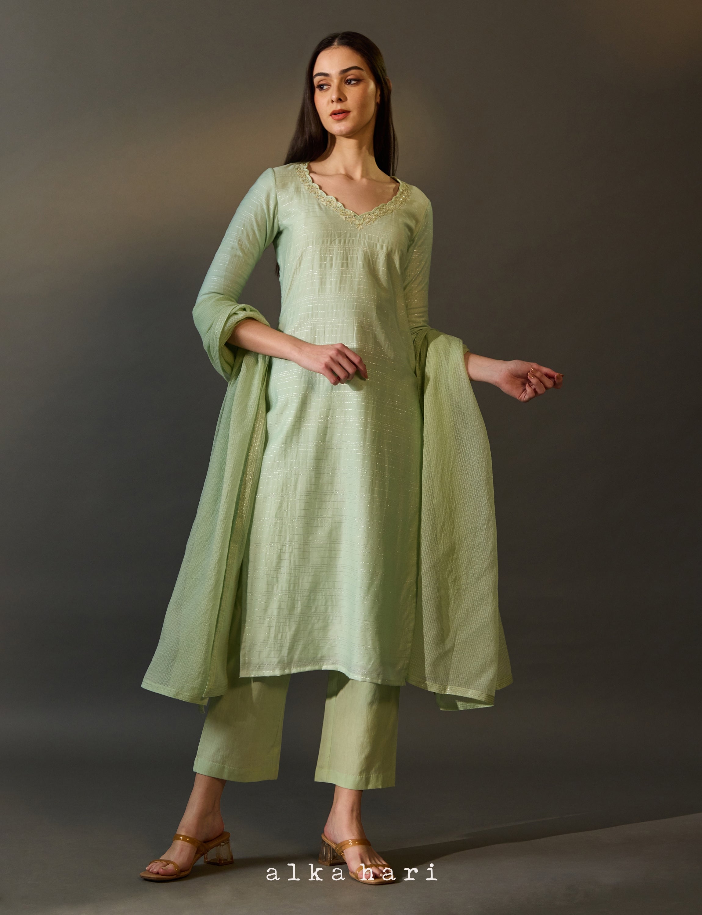 Pastel Green Floral Embroidered Kurta