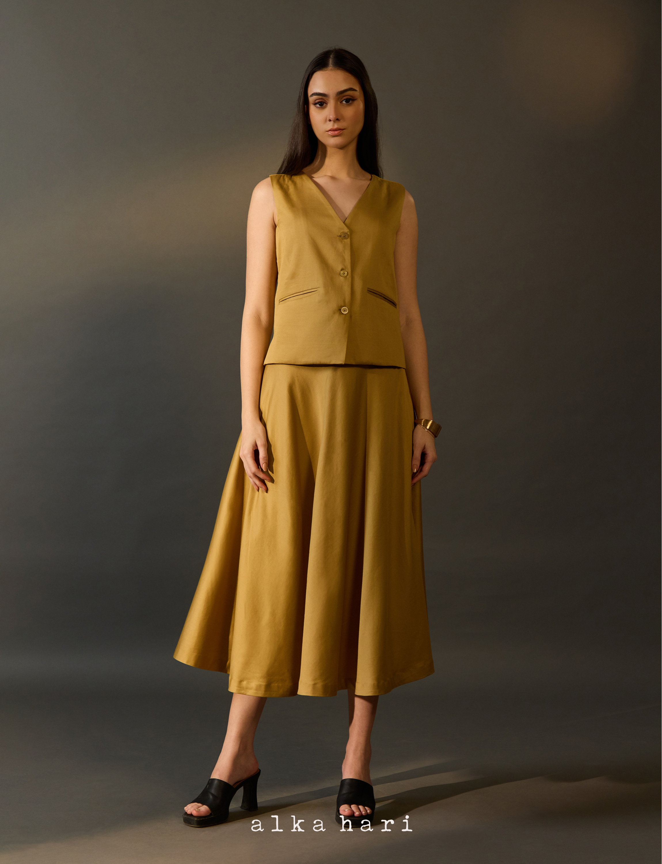 Tan Brown Vest and Skirt Co-Ord Set