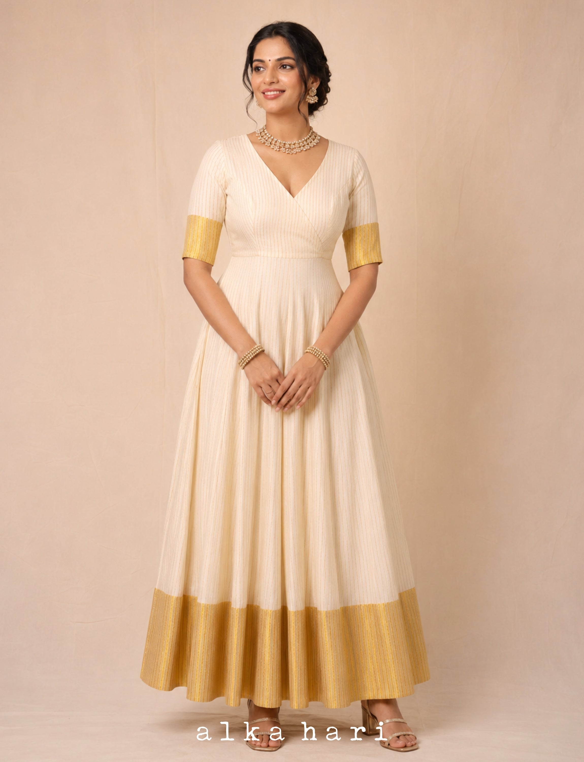 Off White Cotton Stripped Anarkali