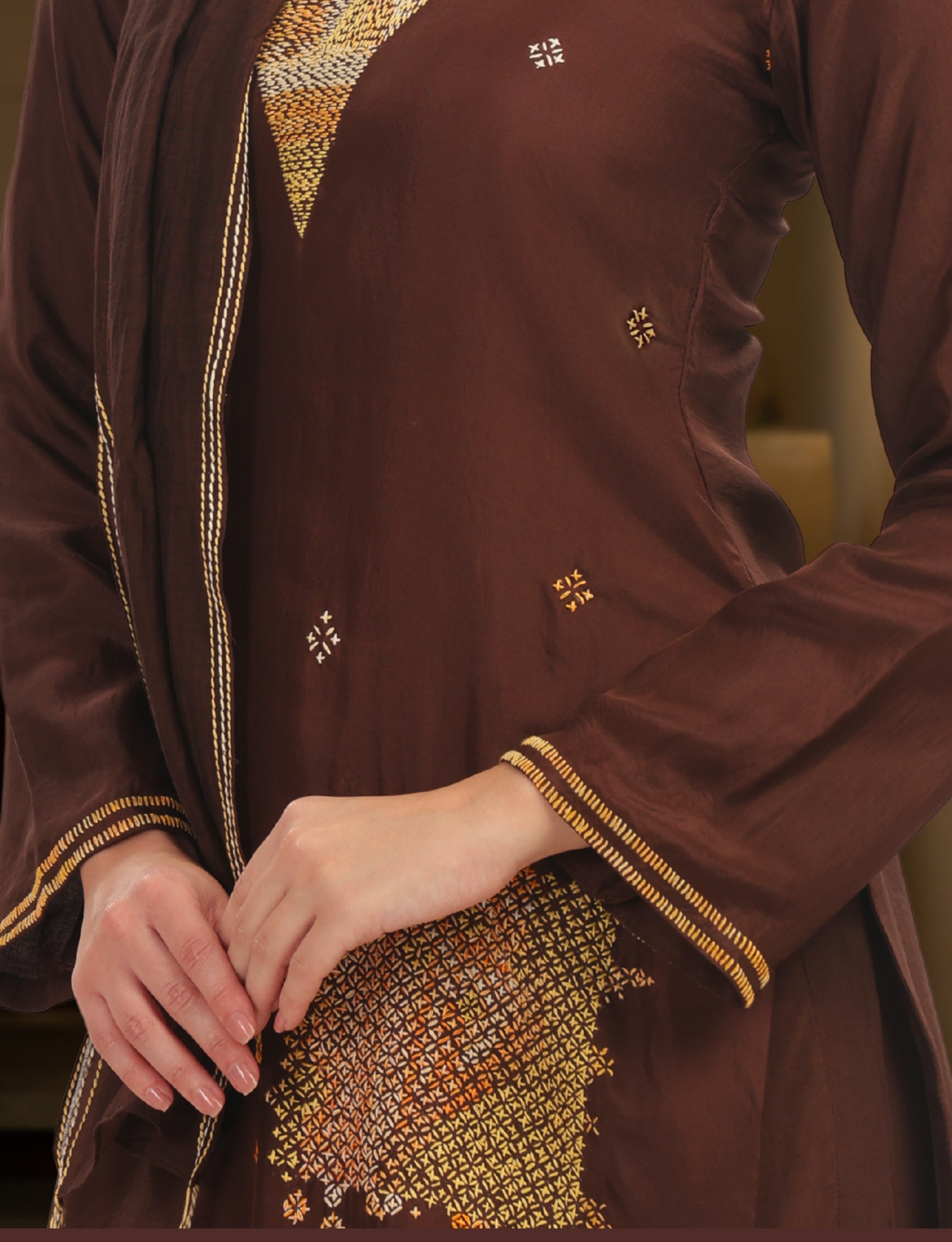 Brown Silk Embroidered Short Kurta