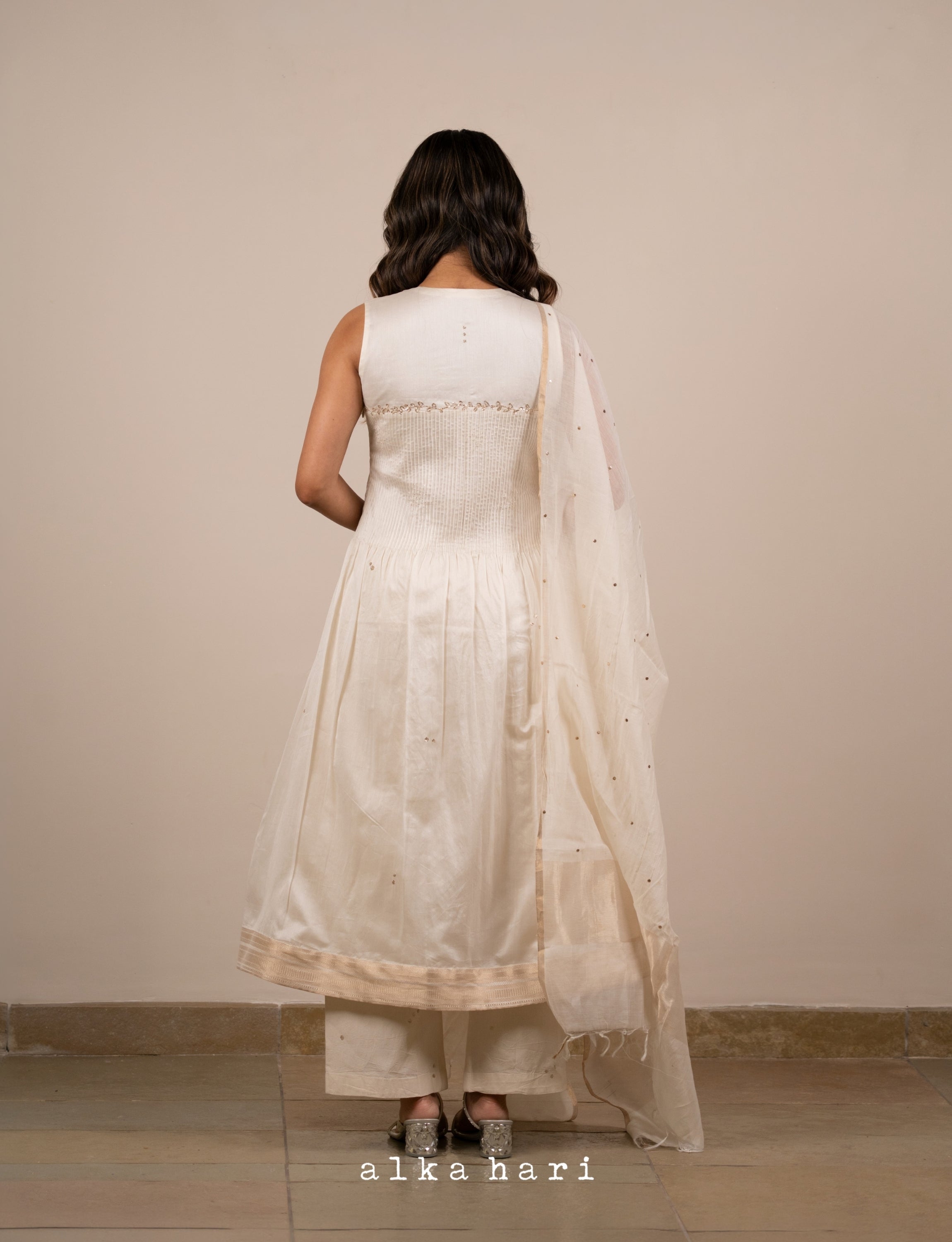 Off White Mukaish Work Anarkali with Pintucks