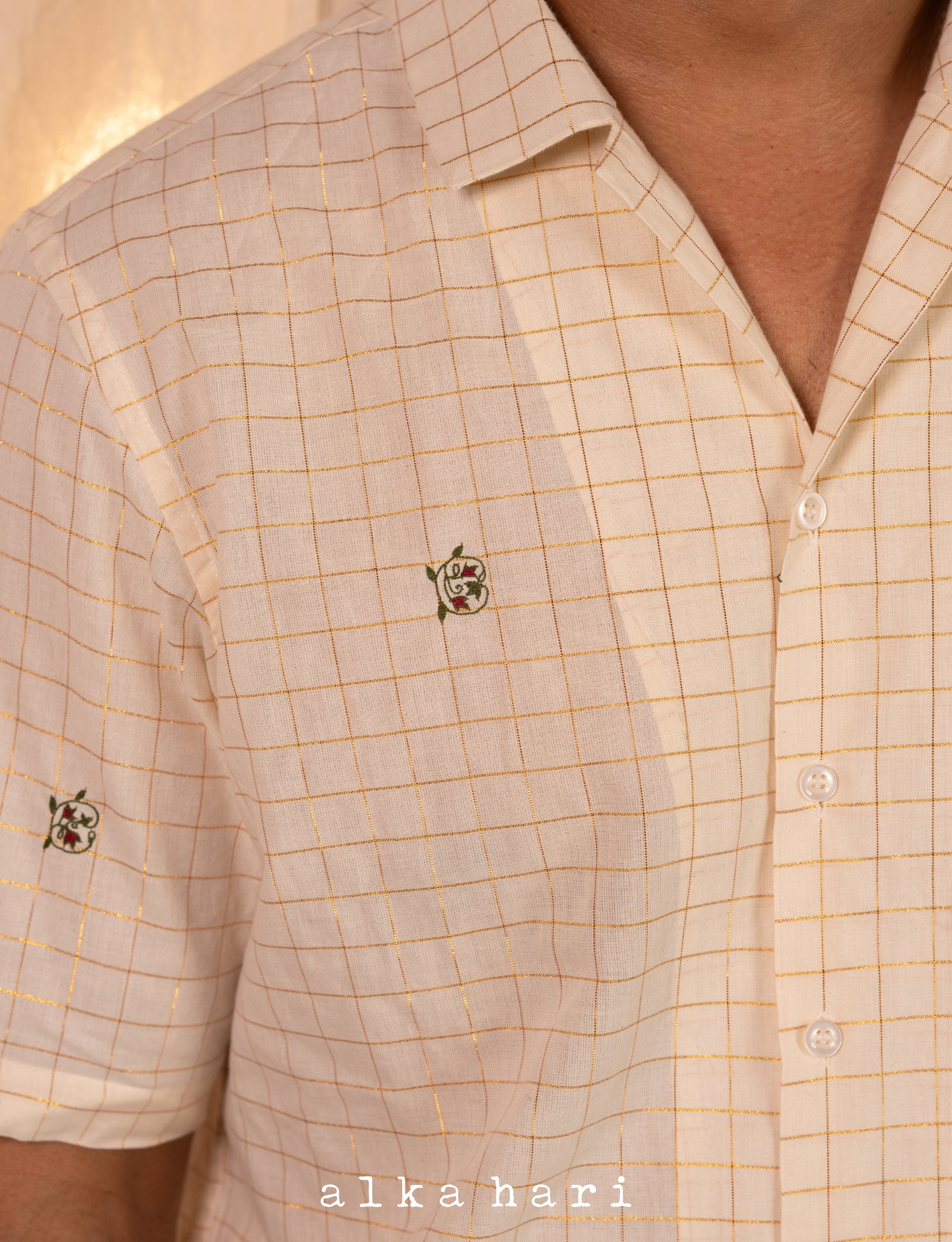 Off White Check Shirt with Floral Embroidery