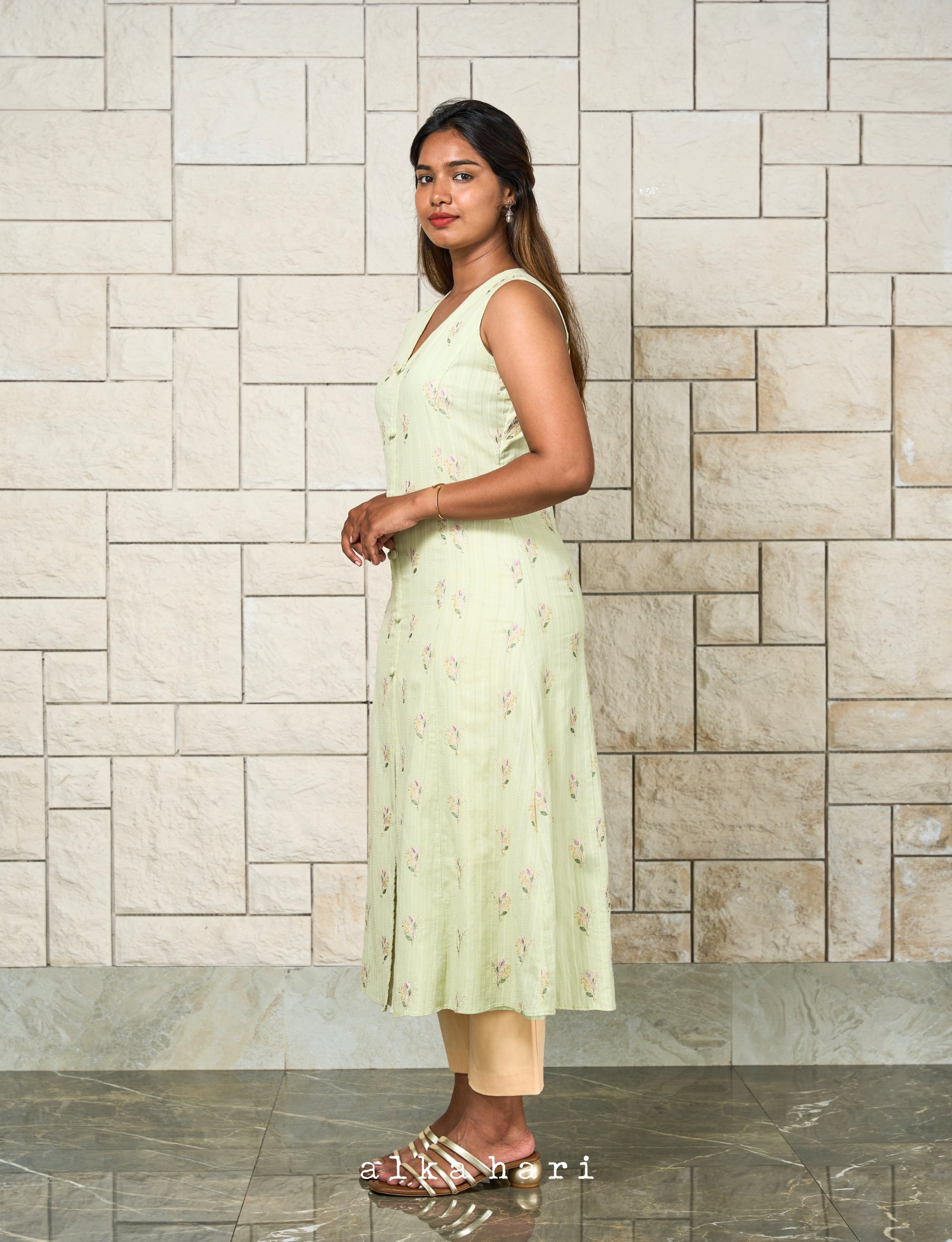 Light Green Floral Slited Anarkali
