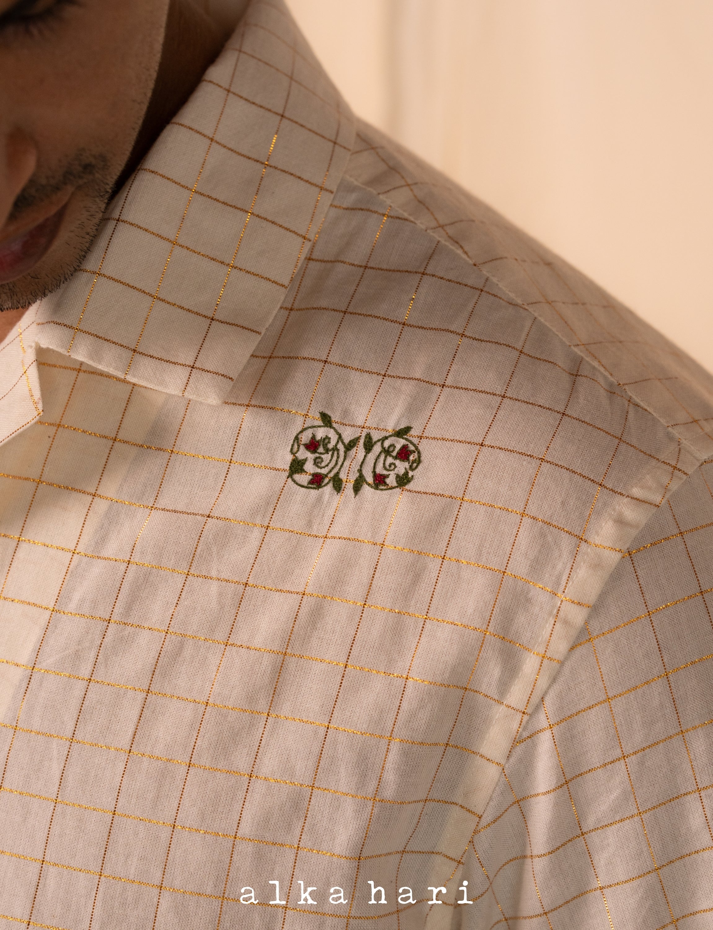 Off White Check Shirt with Floral Embroidery
