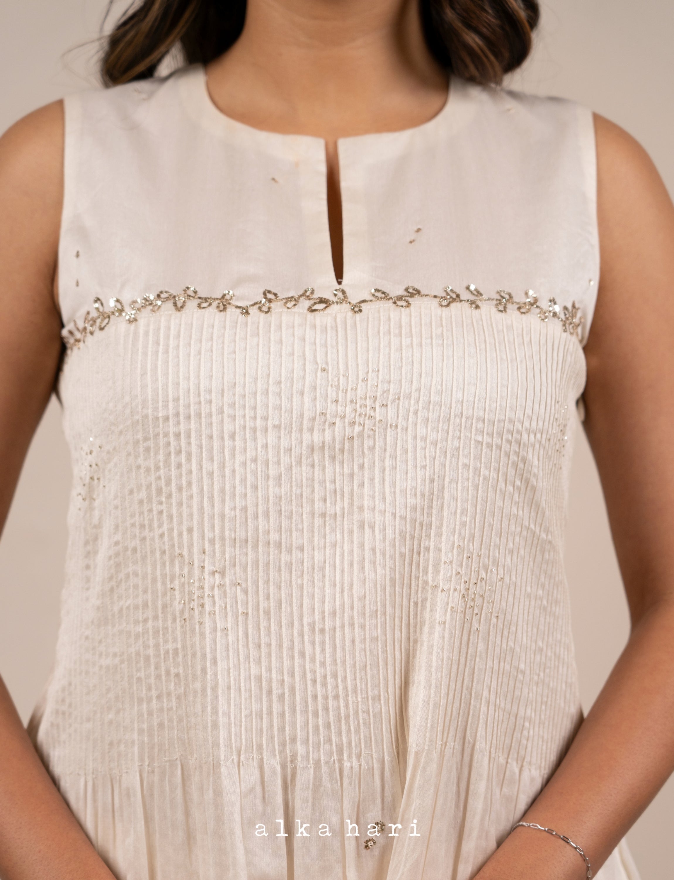 Off White Mukaish Work Anarkali with Pintucks