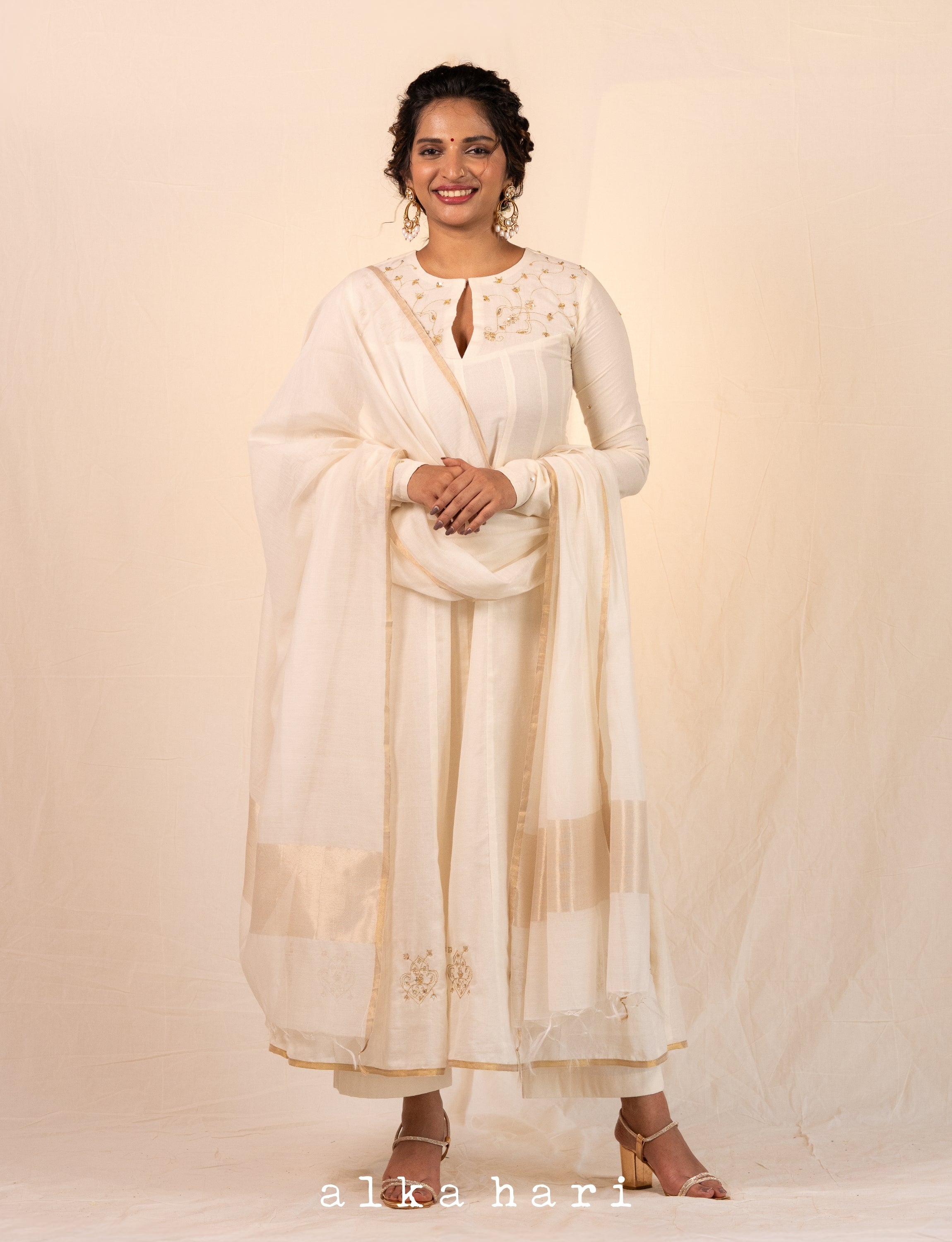 Off White Golden Embroidered Anarkali