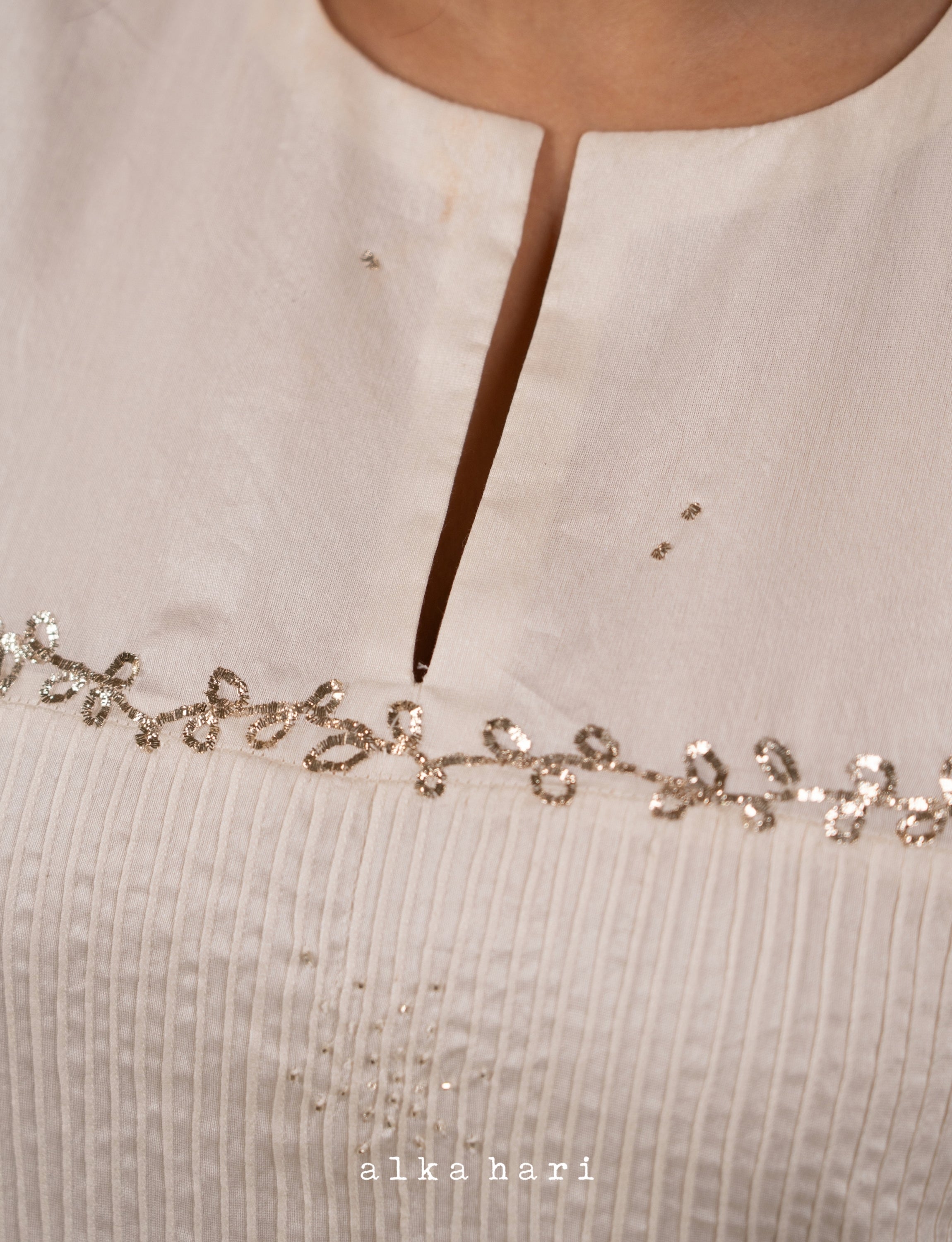 Off White Mukaish Work Anarkali with Pintucks