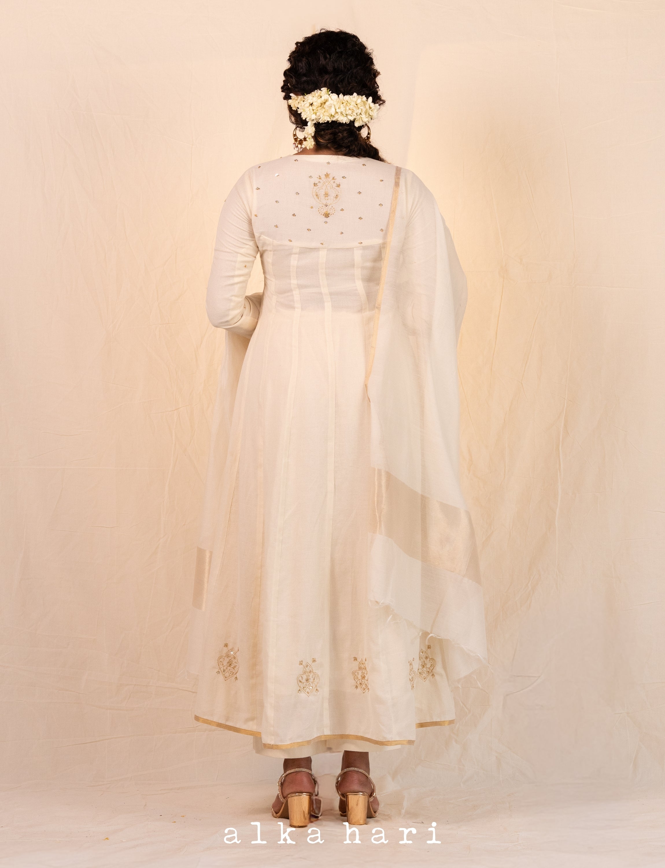 Off White Golden Embroidered Anarkali