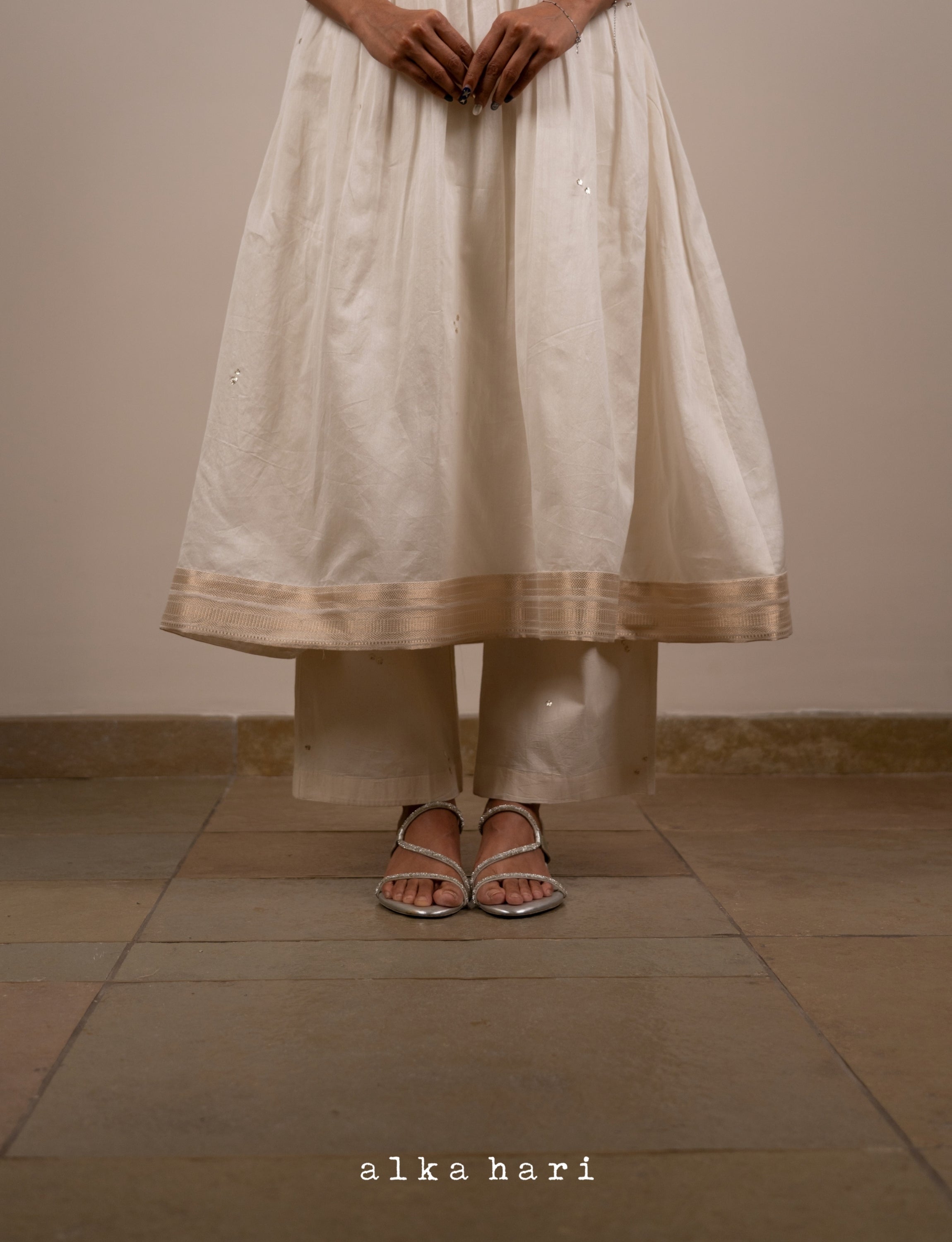 Off White Mukaish Work Anarkali with Pintucks