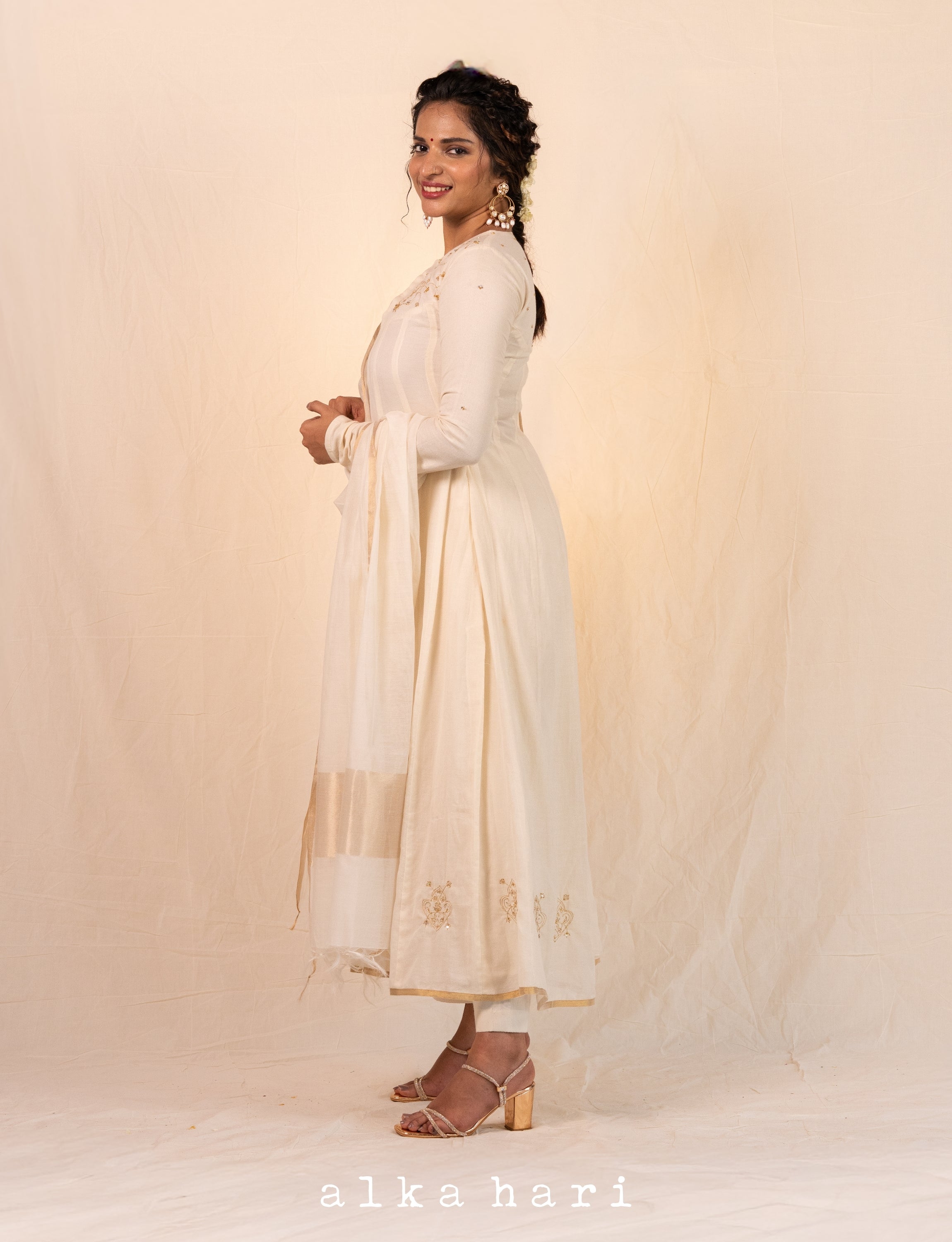 Off White Golden Embroidered Anarkali