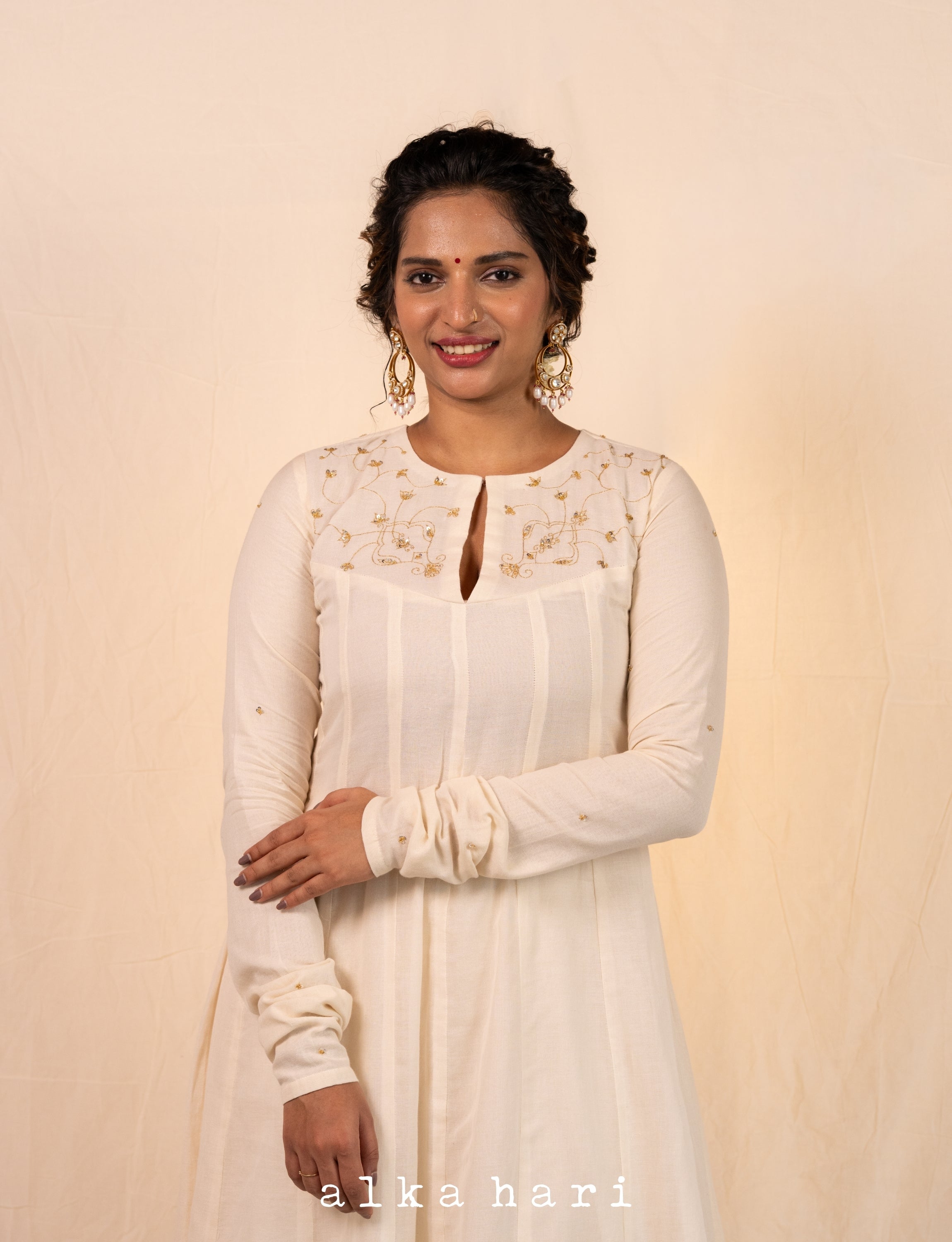 Off White Golden Embroidered Anarkali