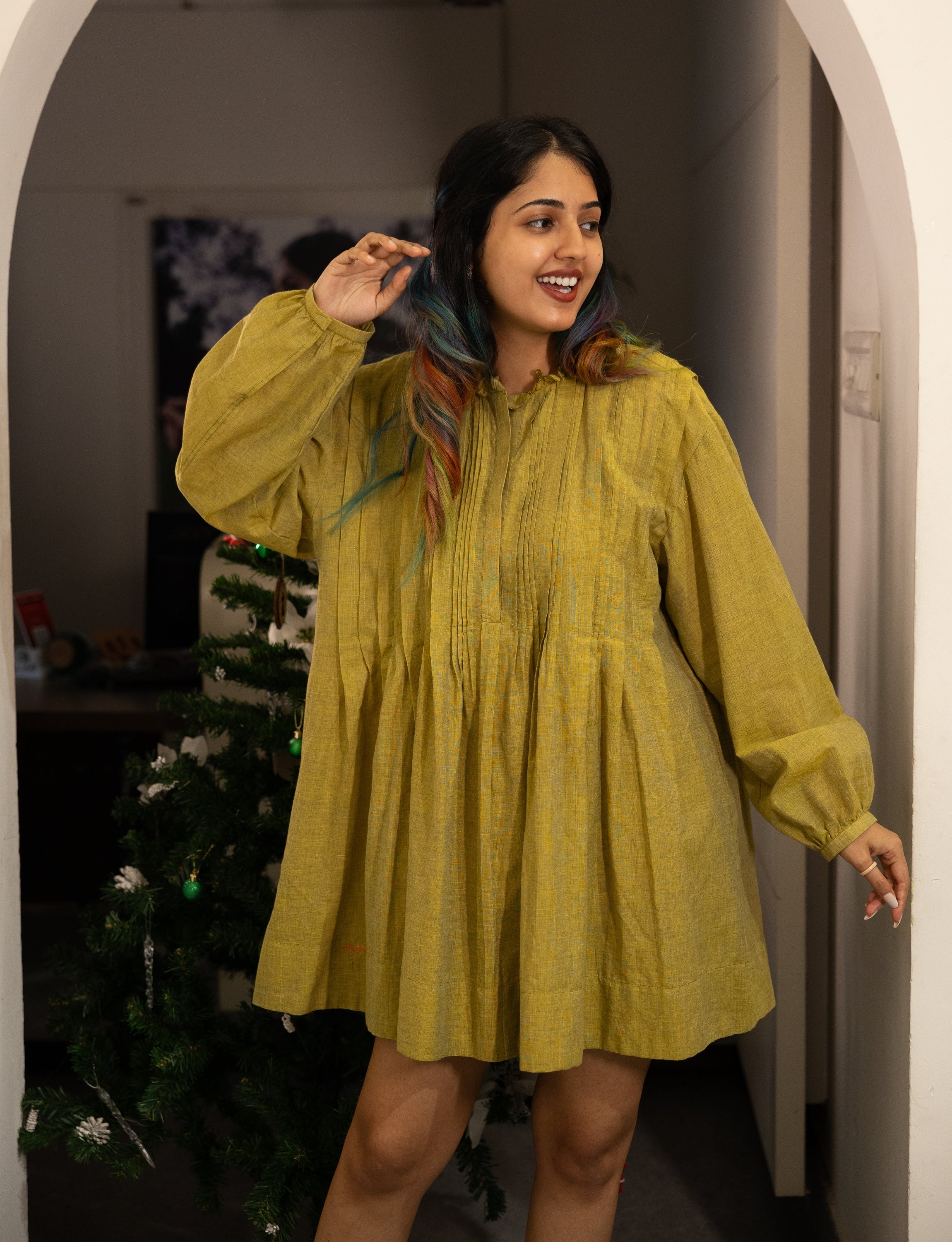 Olive Green Handloom Flared Cotton Dress