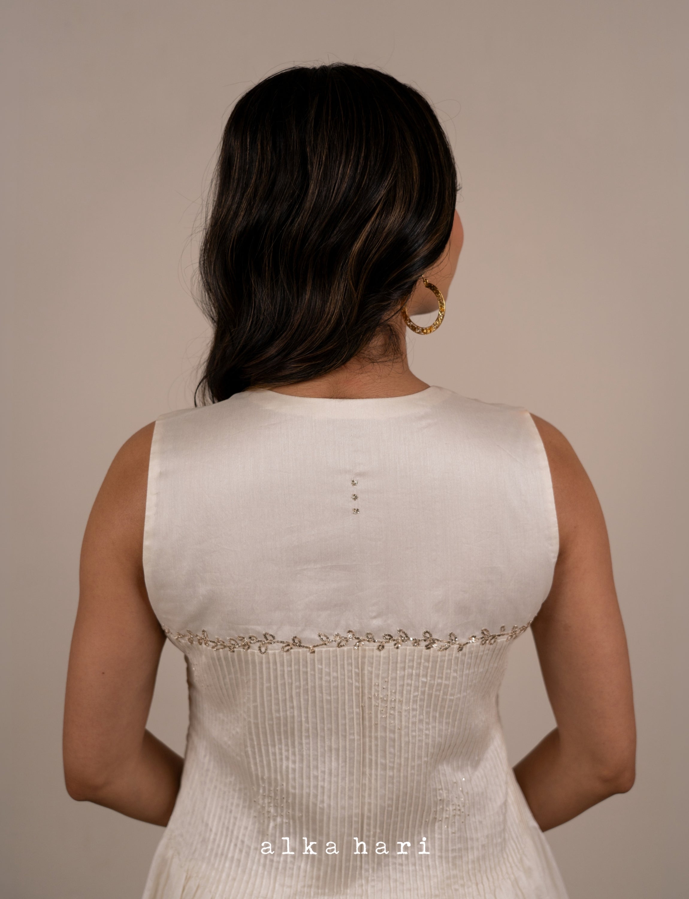 Off White Mukaish Work Anarkali with Pintucks