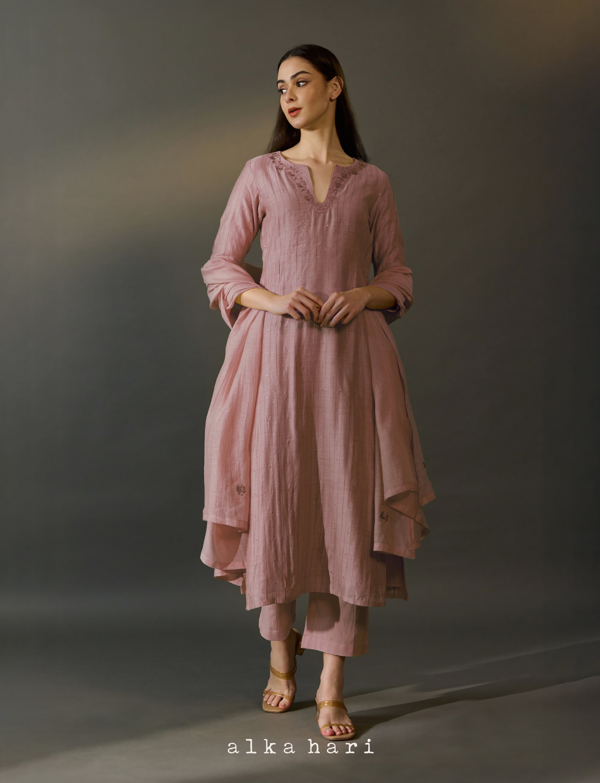 Yellow / Dusty Pink Chanderi Silk Embroidered Kurta