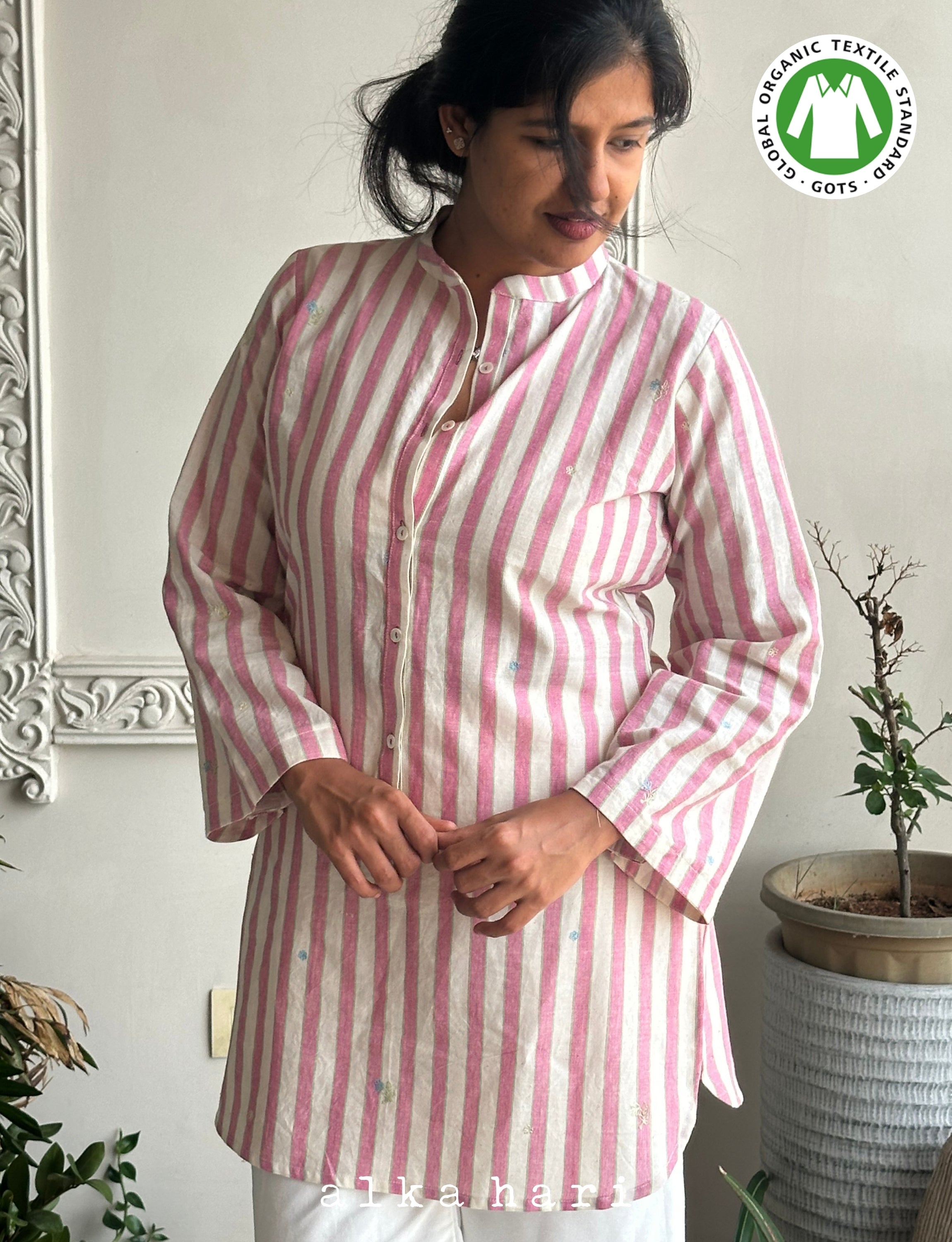 Pink and White Stripped Handloom Tunic