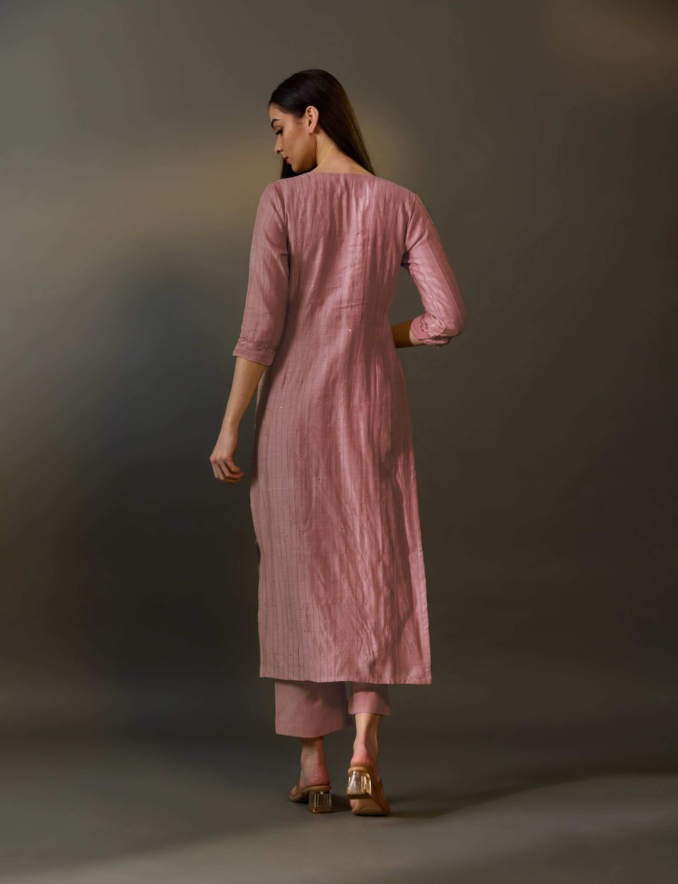 Yellow / Dusty Pink Chanderi Silk Embroidered Kurta