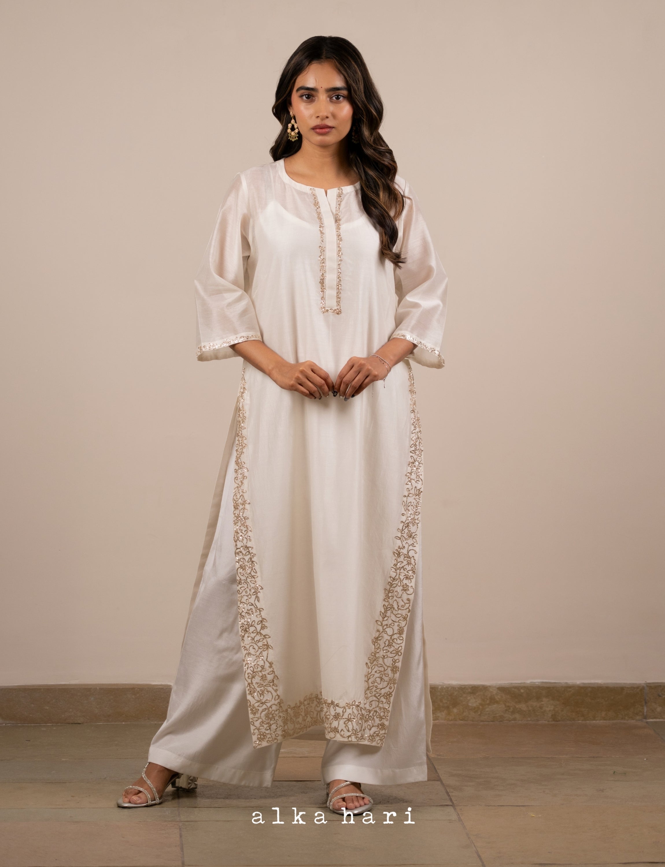 Off White Golden Embroidered Kurta with Slip