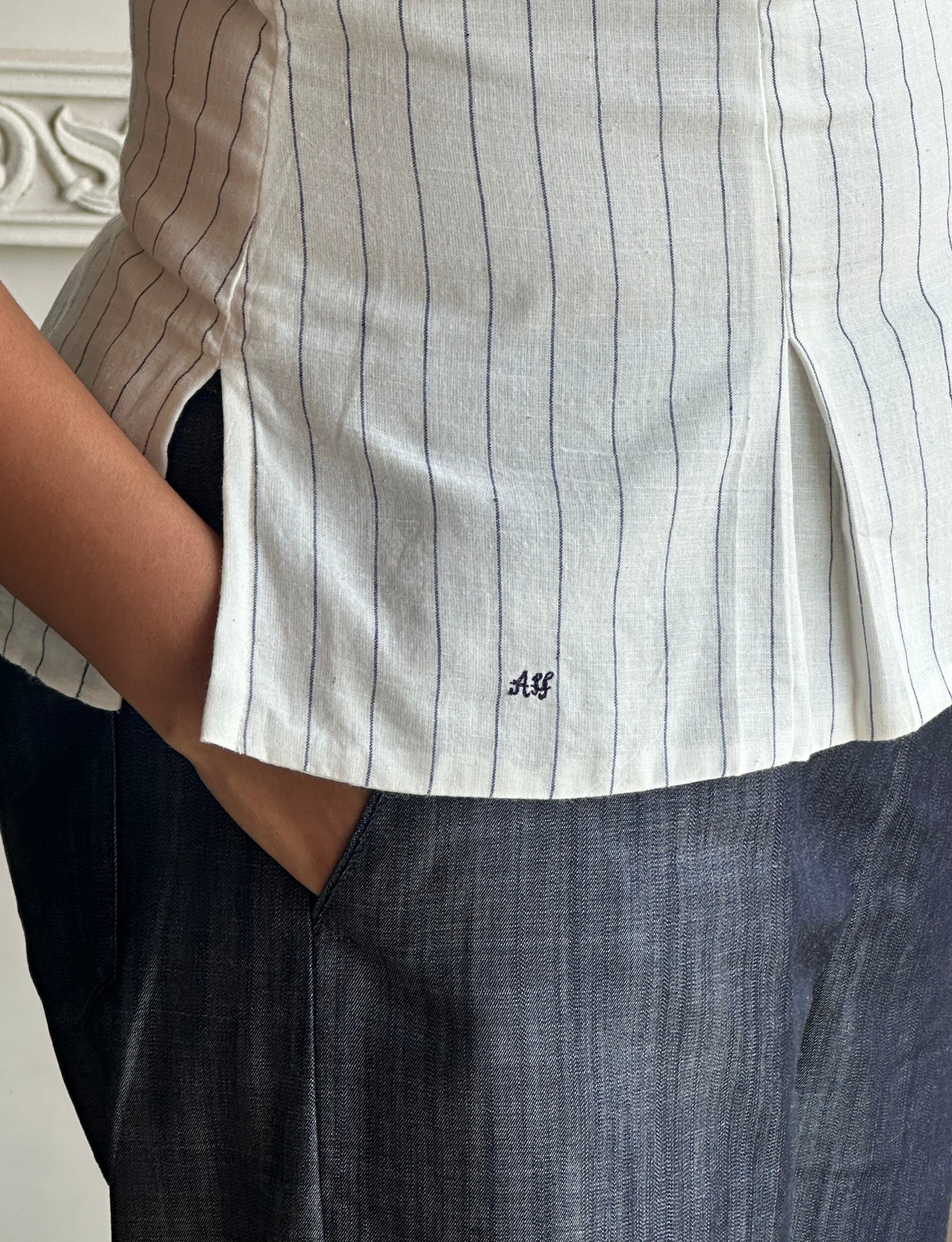 White Stripped Top with Floral Embroidery