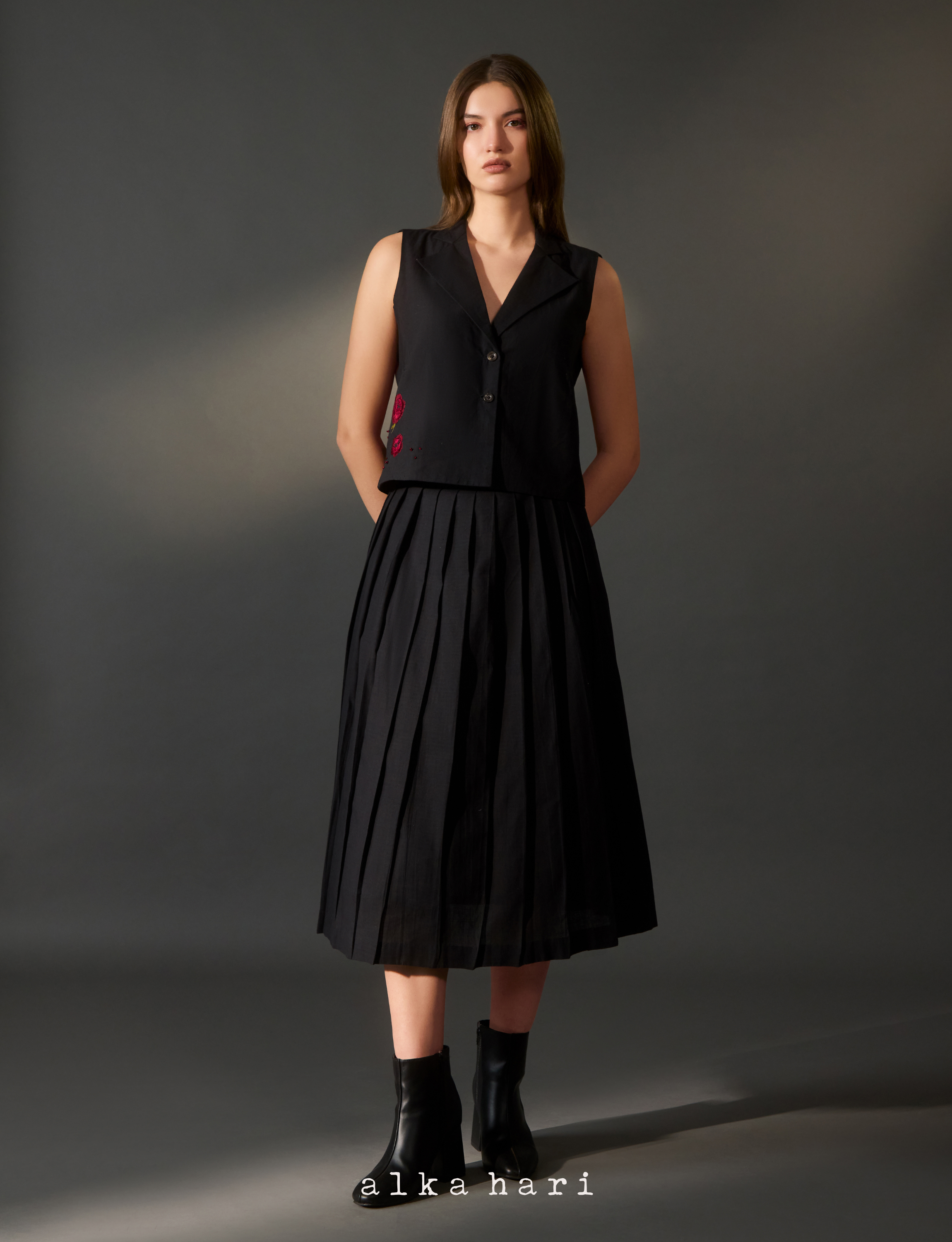 Black Embroidered Vest and Skirt Co-Ord Set