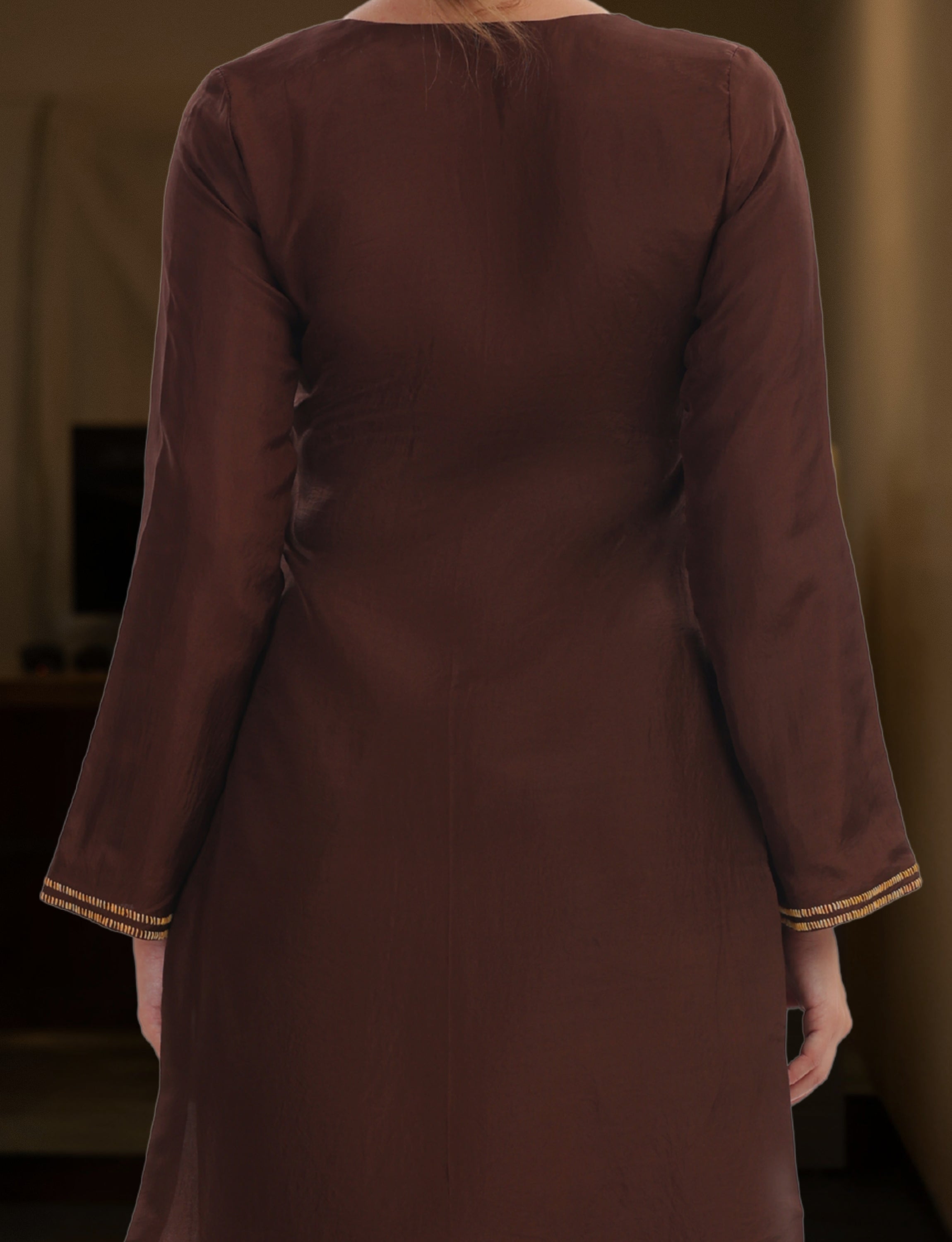 Brown Silk Embroidered Short Kurta