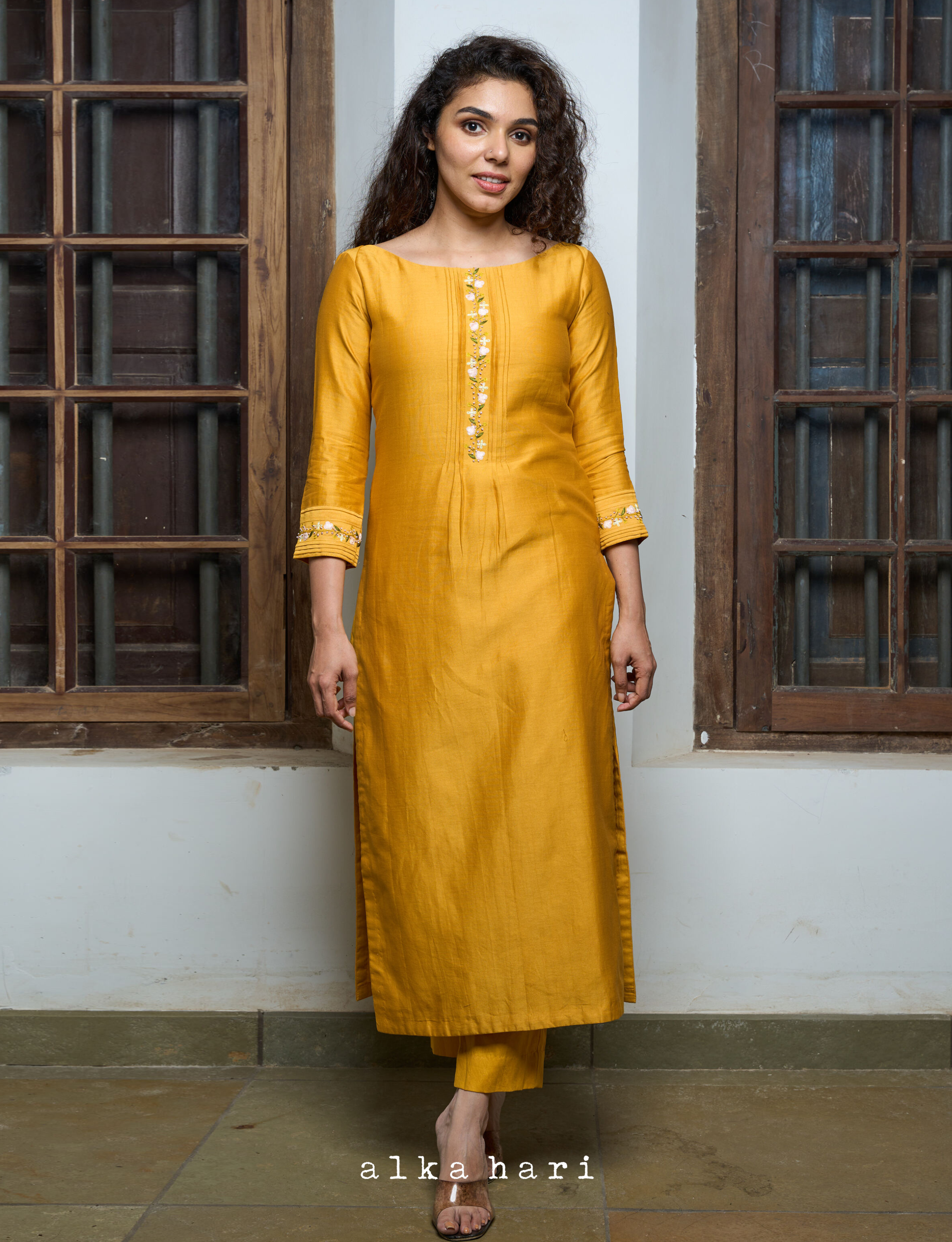 Yellow Chanderi Silk Kurta with pintucks details