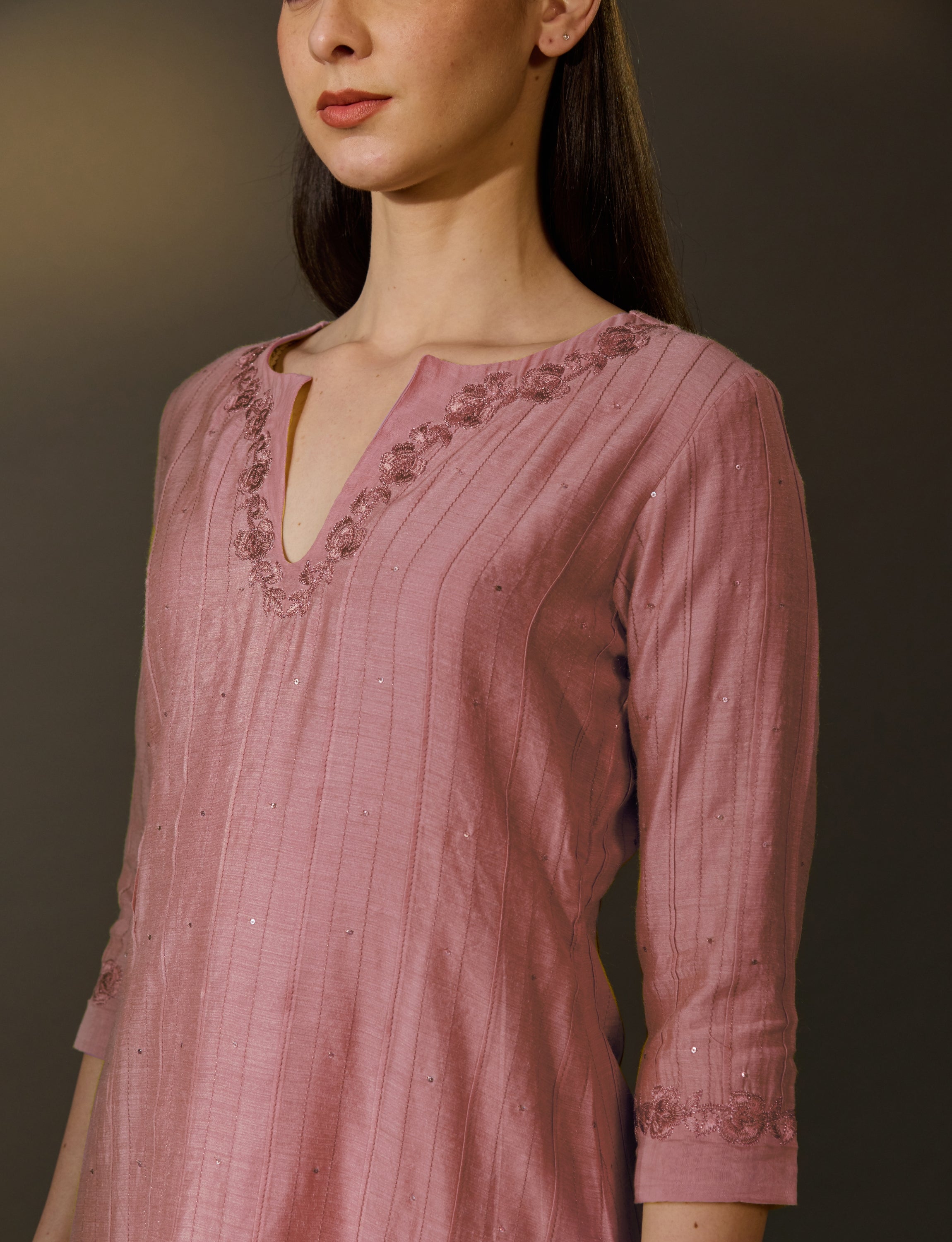 Yellow / Dusty Pink Chanderi Silk Embroidered Kurta