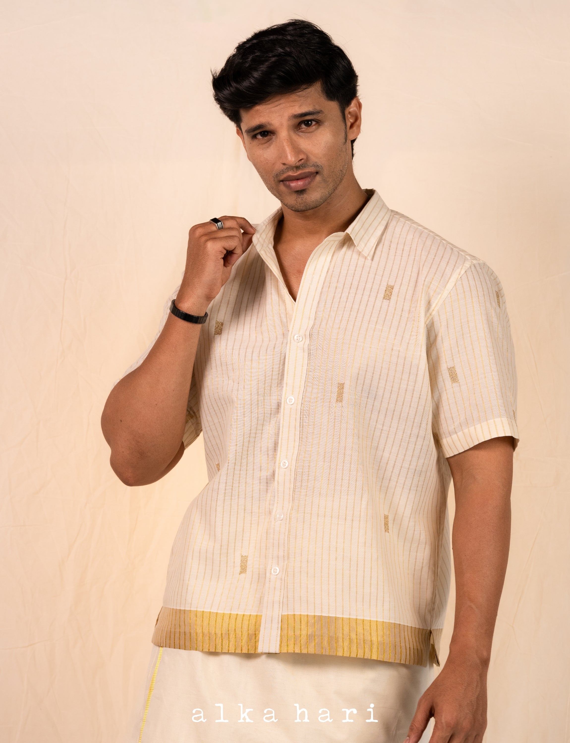 Off White Shirt with Golden Stripes