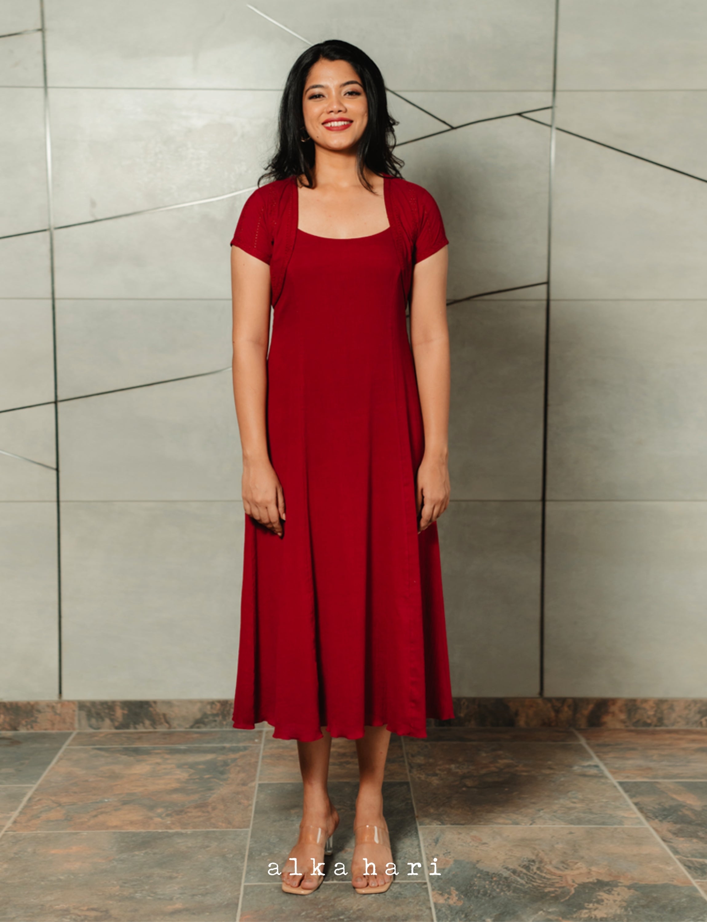 Red Slip Dress with Cropped Jacket