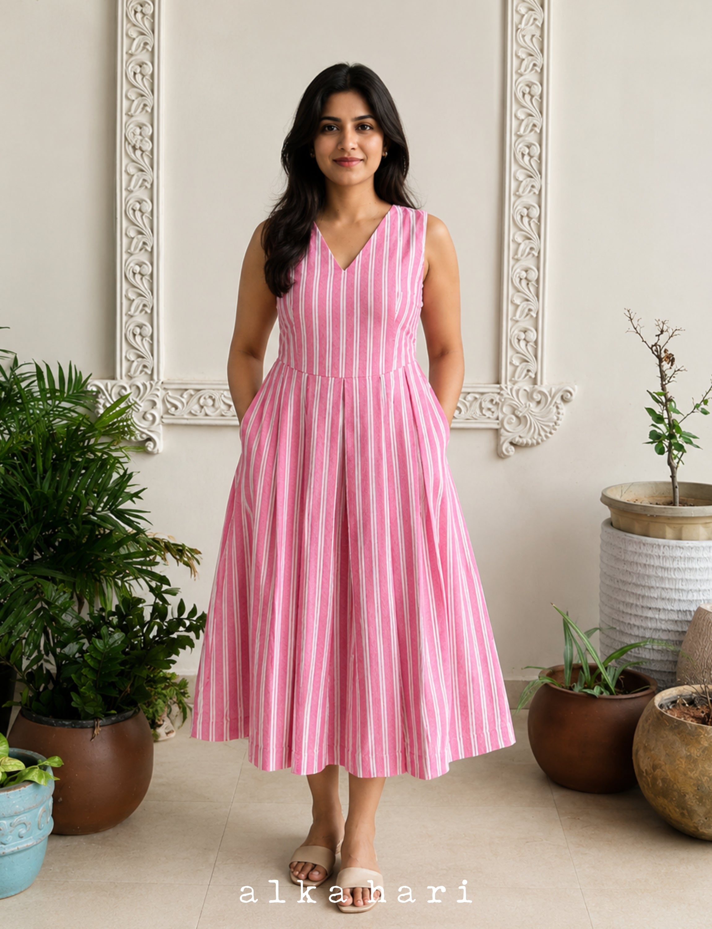 Pink and White Stripped Dress with Pockets
