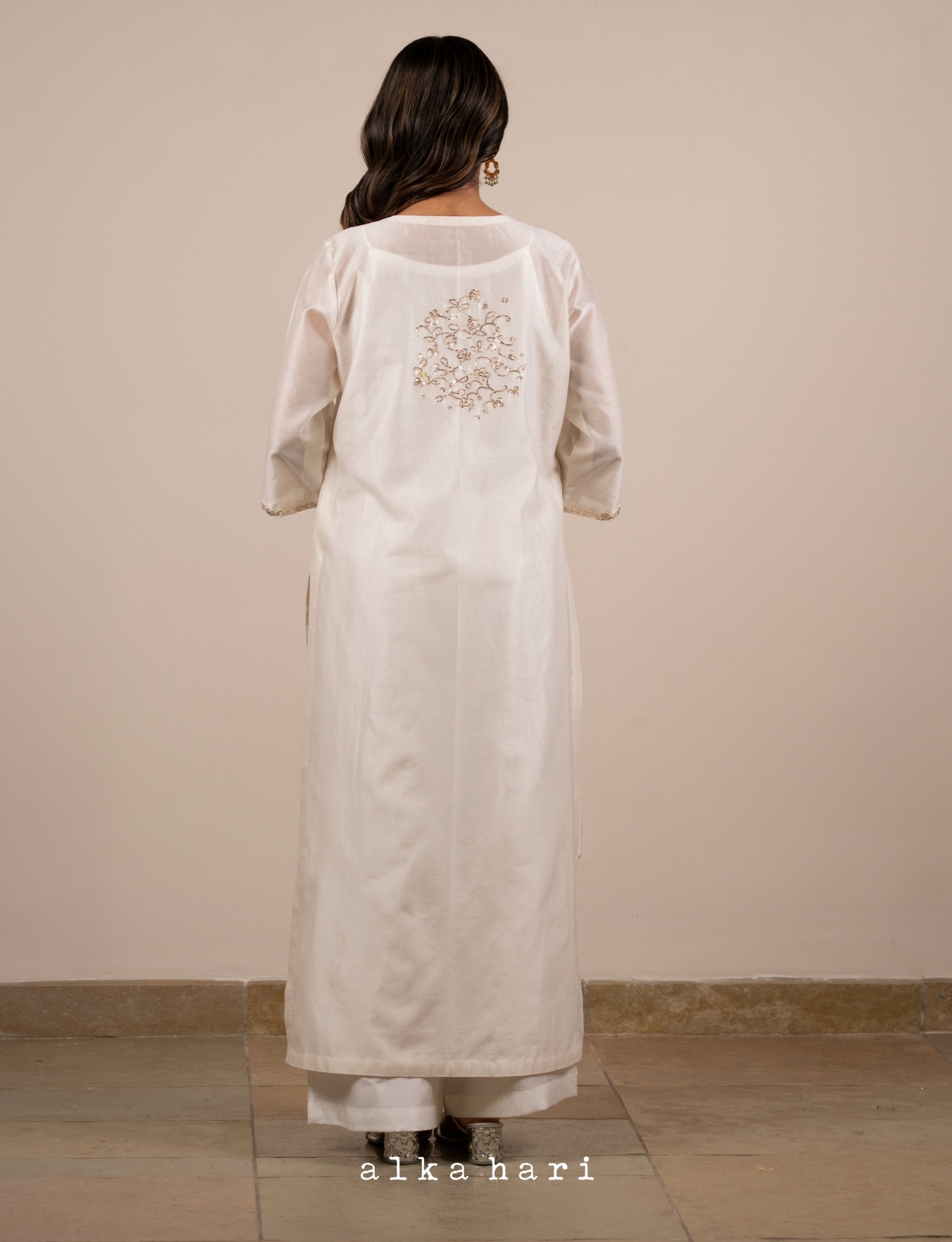 Off White Golden Embroidered Kurta with Slip