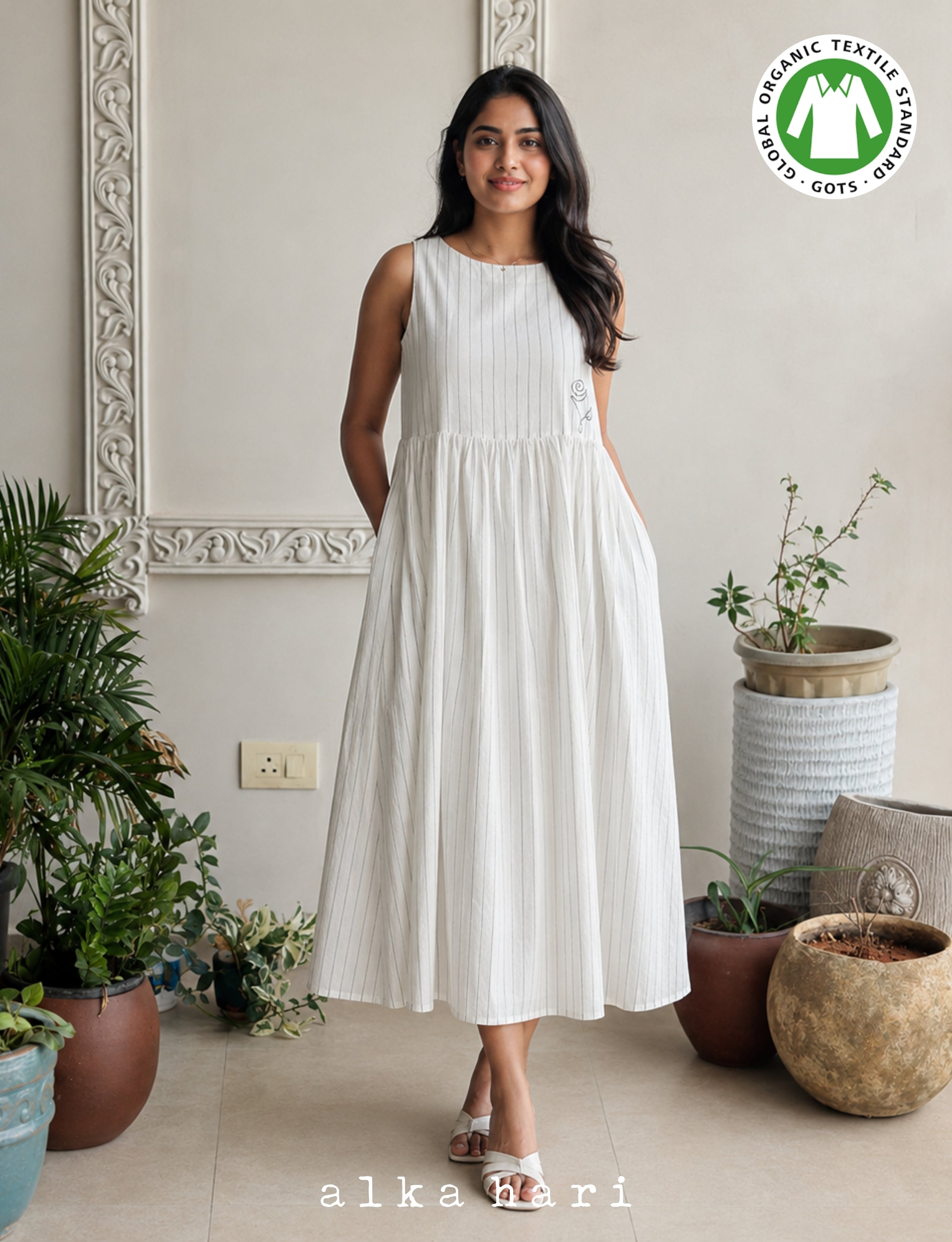 White Handloom Gathered Dress with Floral Embroidery