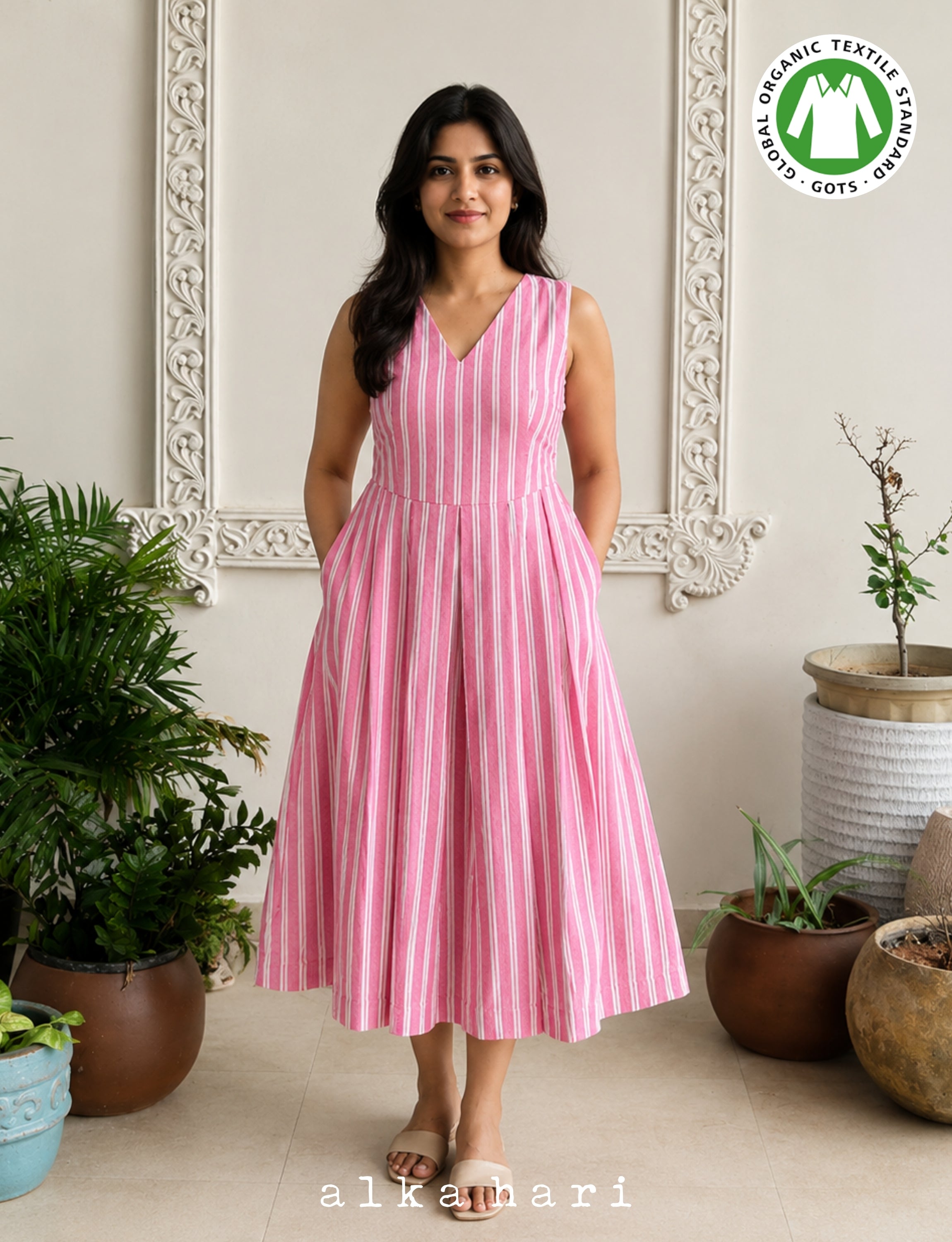 Pink and White Stripped Dress with Pockets