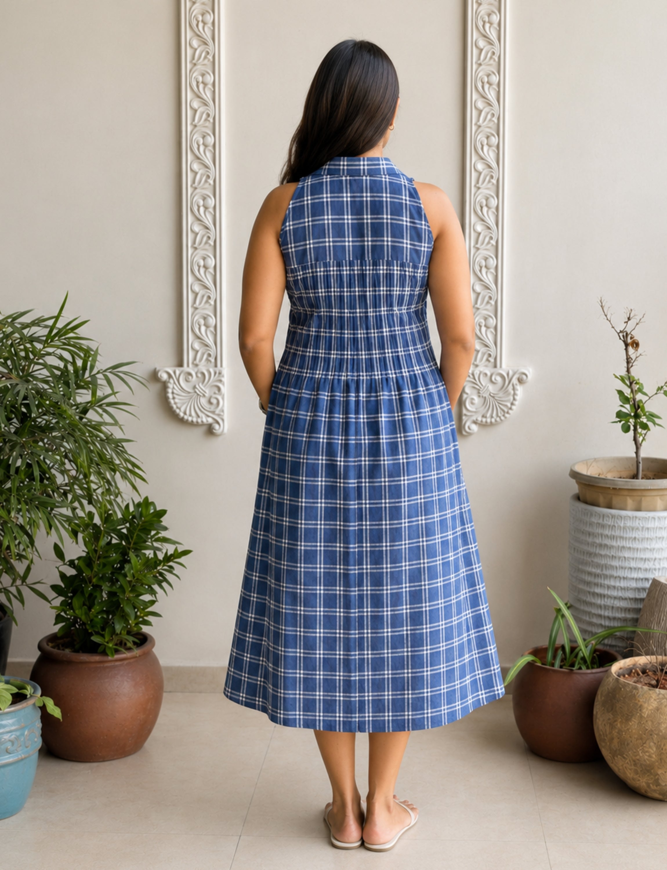 Blue Checked Collared Dress