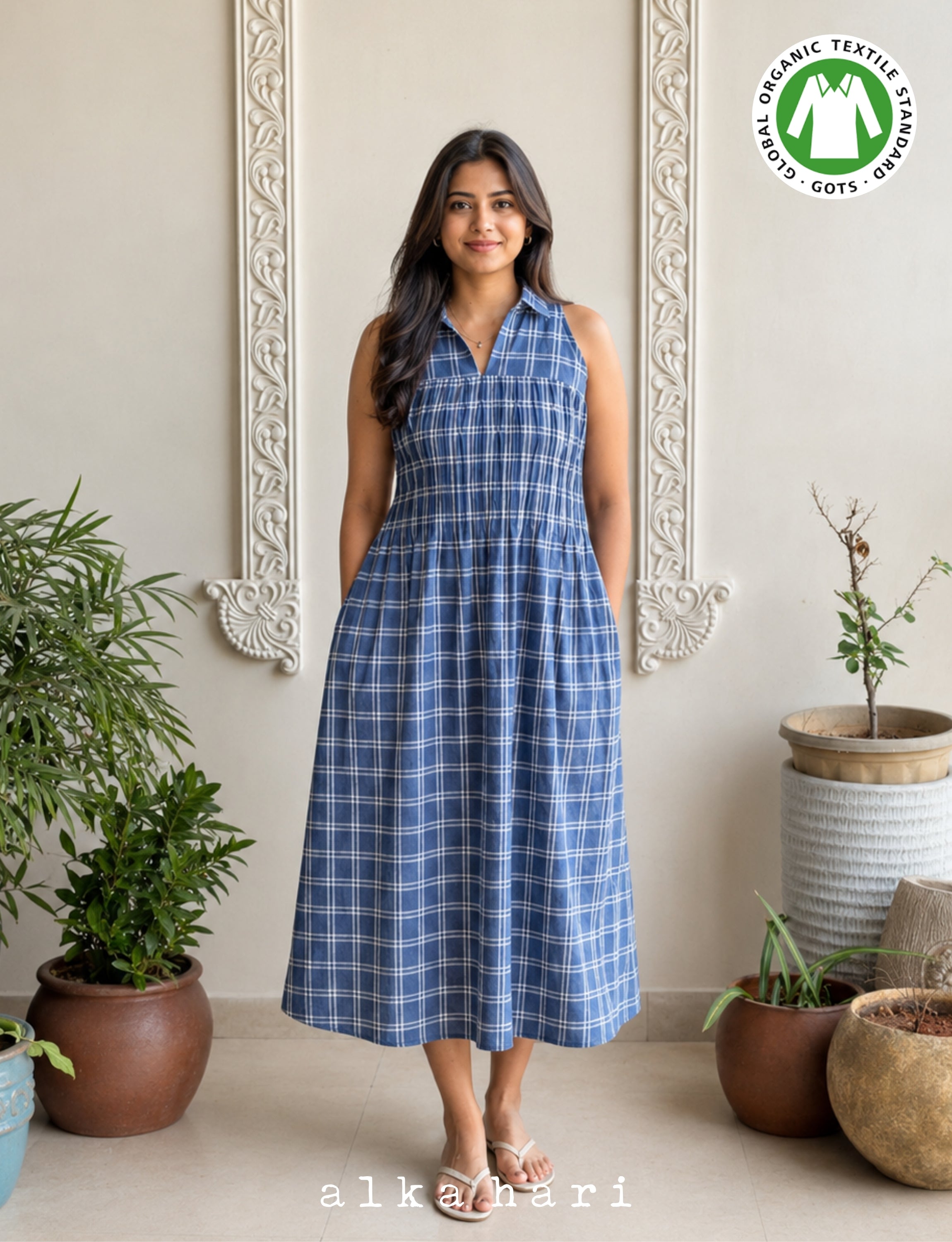 Blue Checked Collared Dress