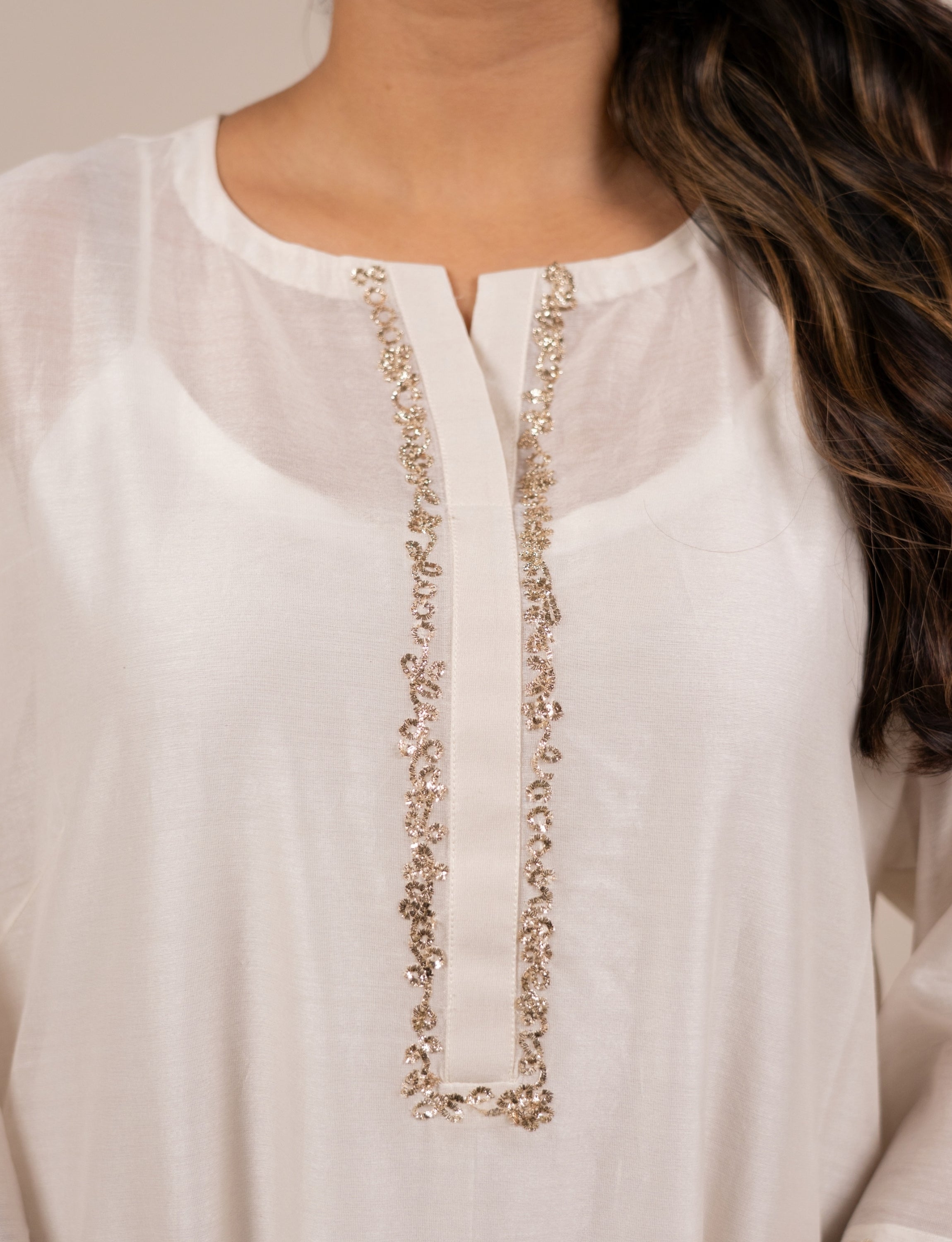 Off White Golden Embroidered Kurta with Slip