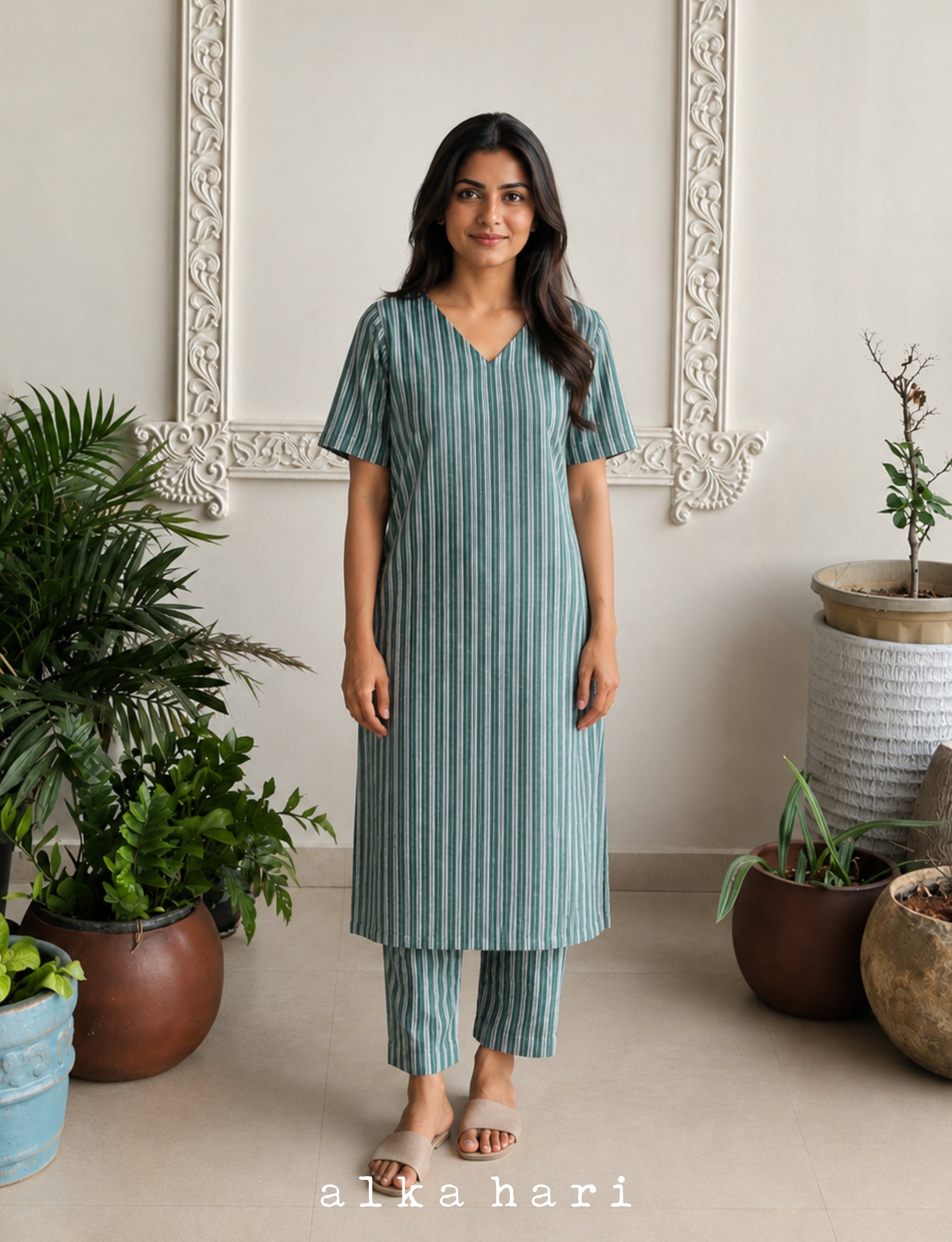 Green Stripped handloom Kurta