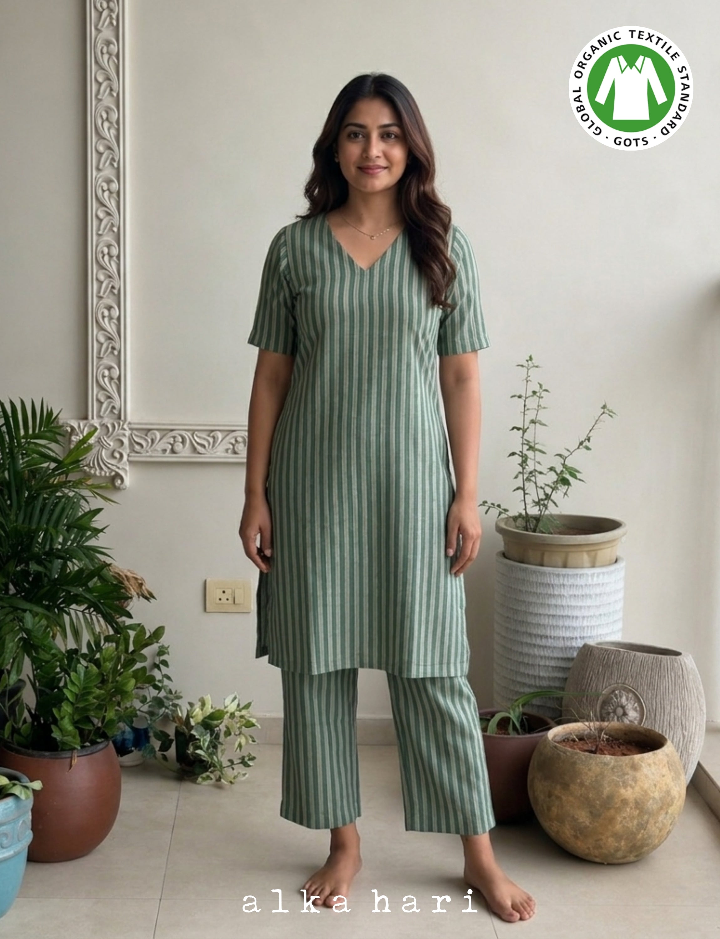 Green Stripped handloom Kurta