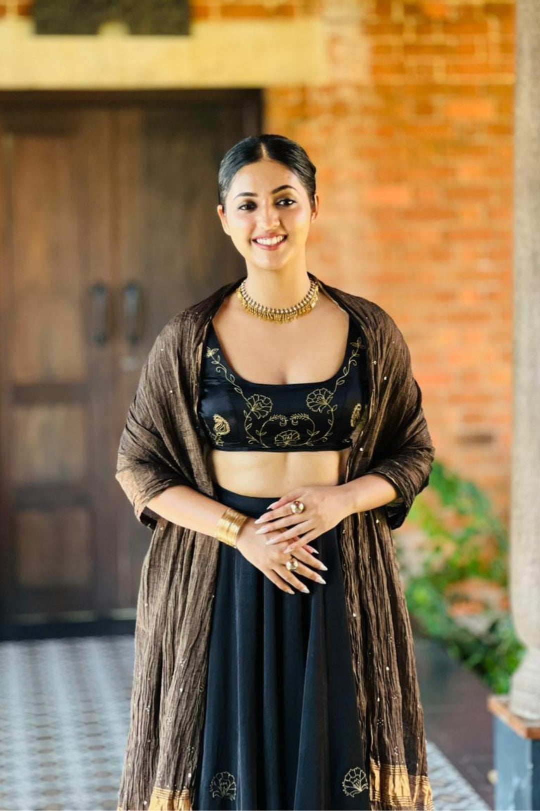 Black and Gold Embroidered Lehenga Set