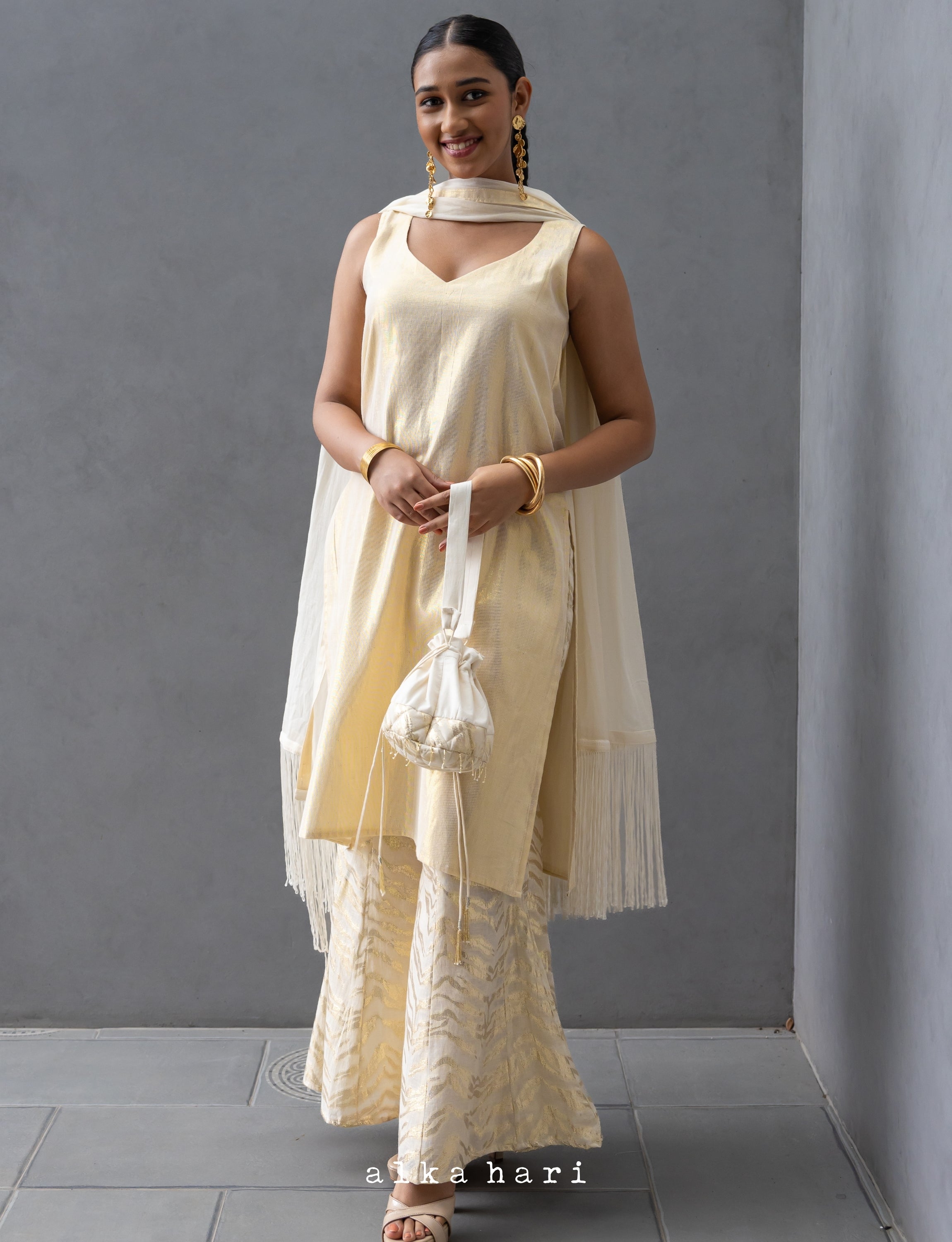 Golden Kurta with Fit and Flare Bottom